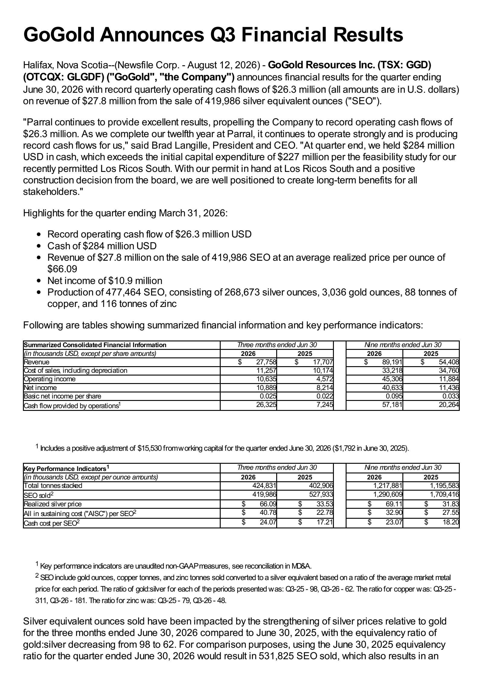 GoGold Resources' Q3 2026 Press Release