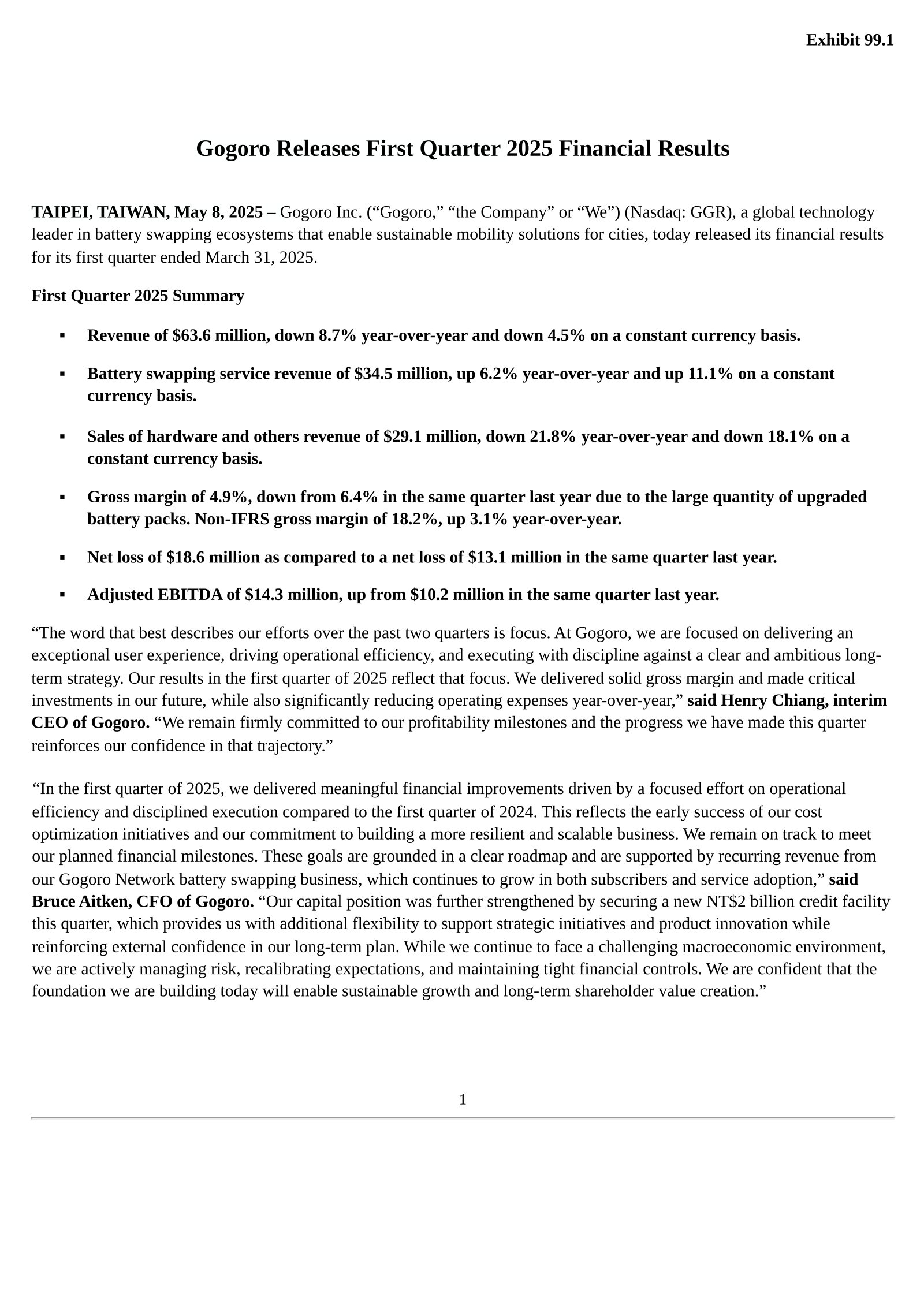 Gogoro's Q1 2025 Press Release