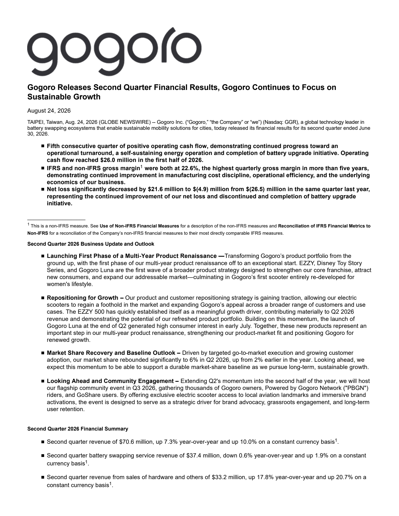 Gogoro's Q2 2026 Press Release