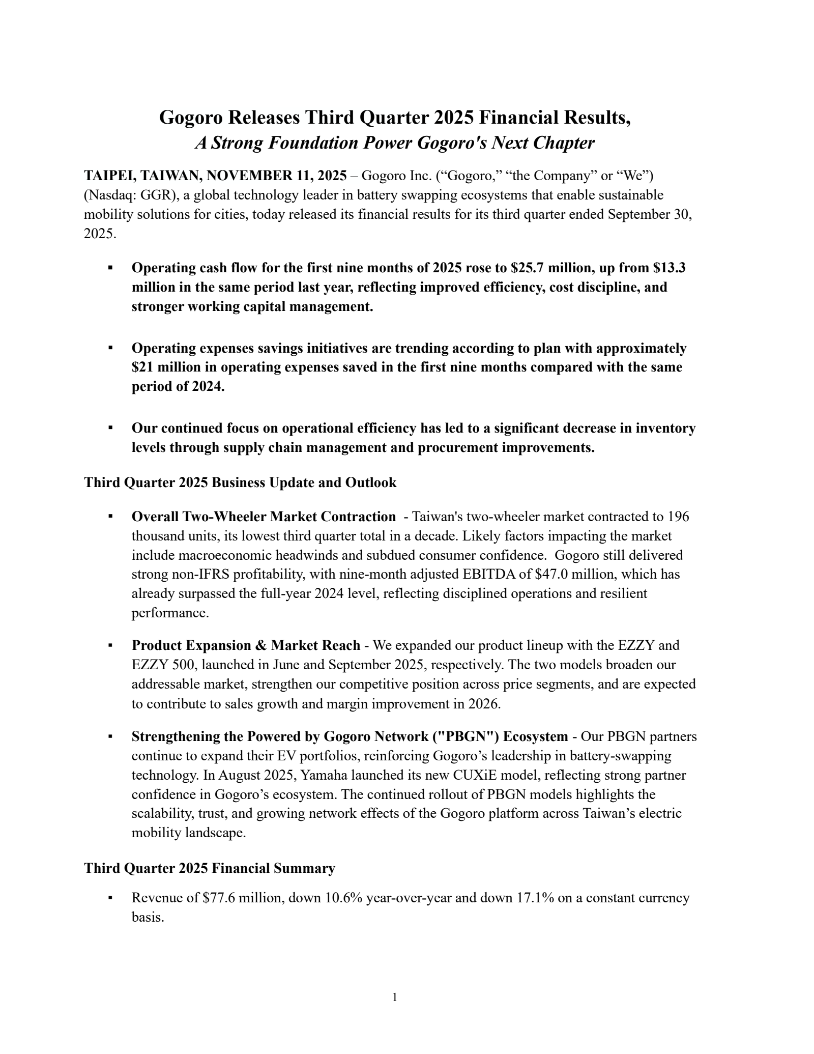 Gogoro's Q3 2025 Earnings Release
