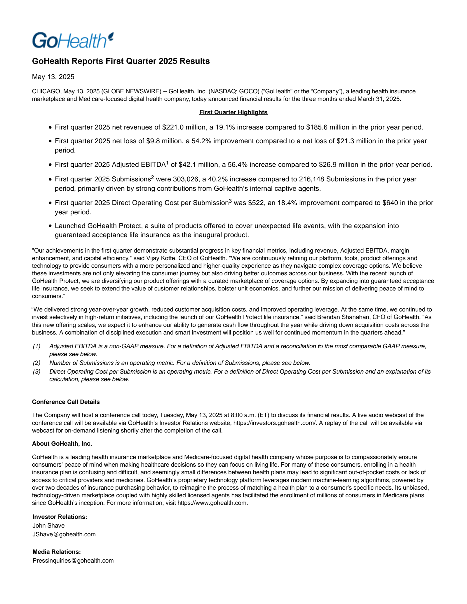 GoHealth's Q1 2025 Press Release