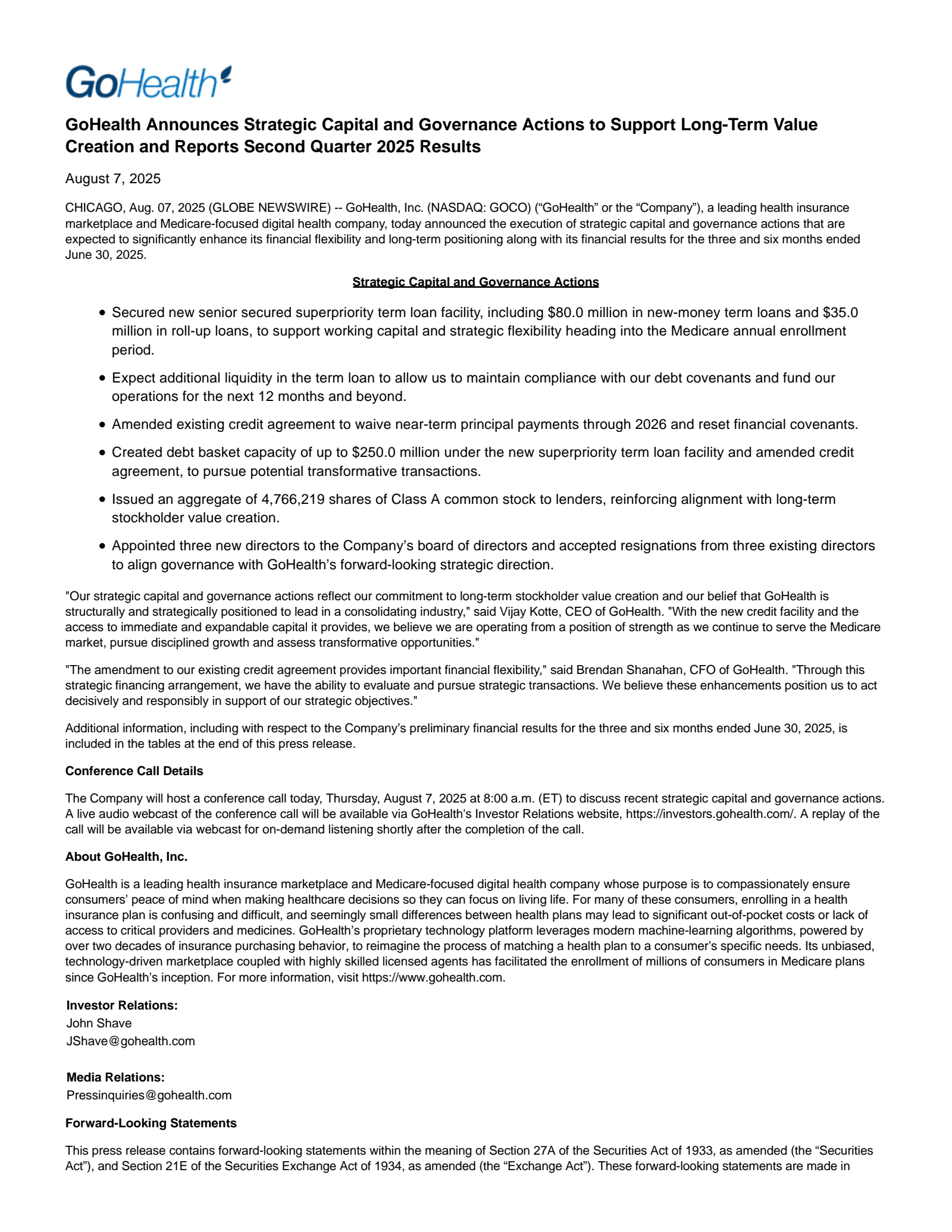 GoHealth's Q2 2025 Press Release