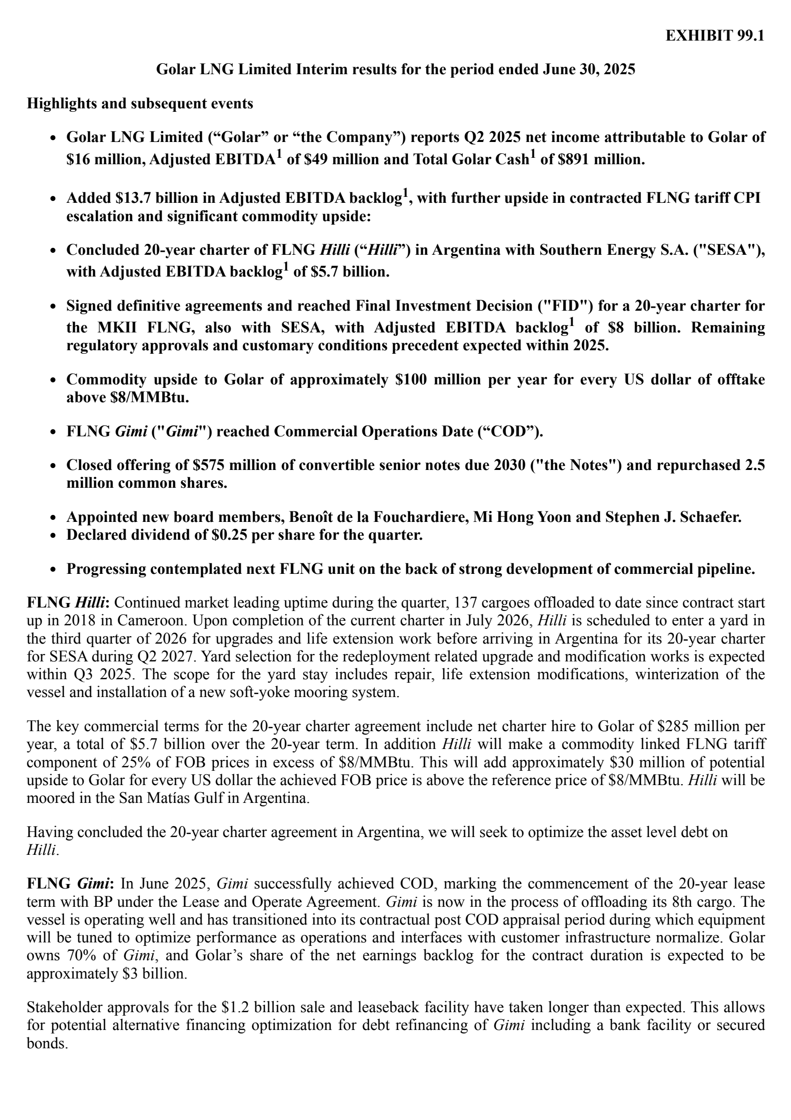 Golar LNG's Q2 2025 Press Release