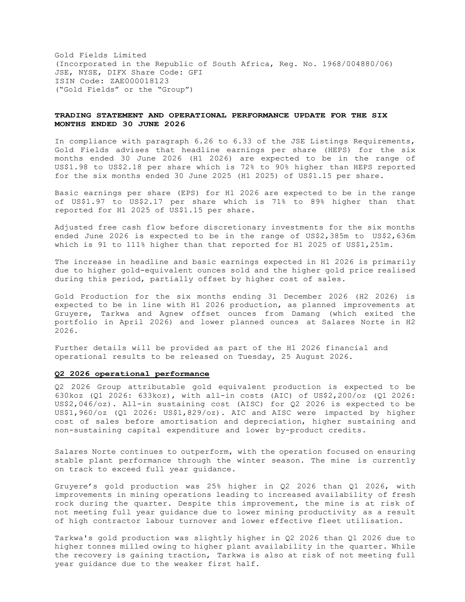 Gold Fields' H1 2026 TU Press Release