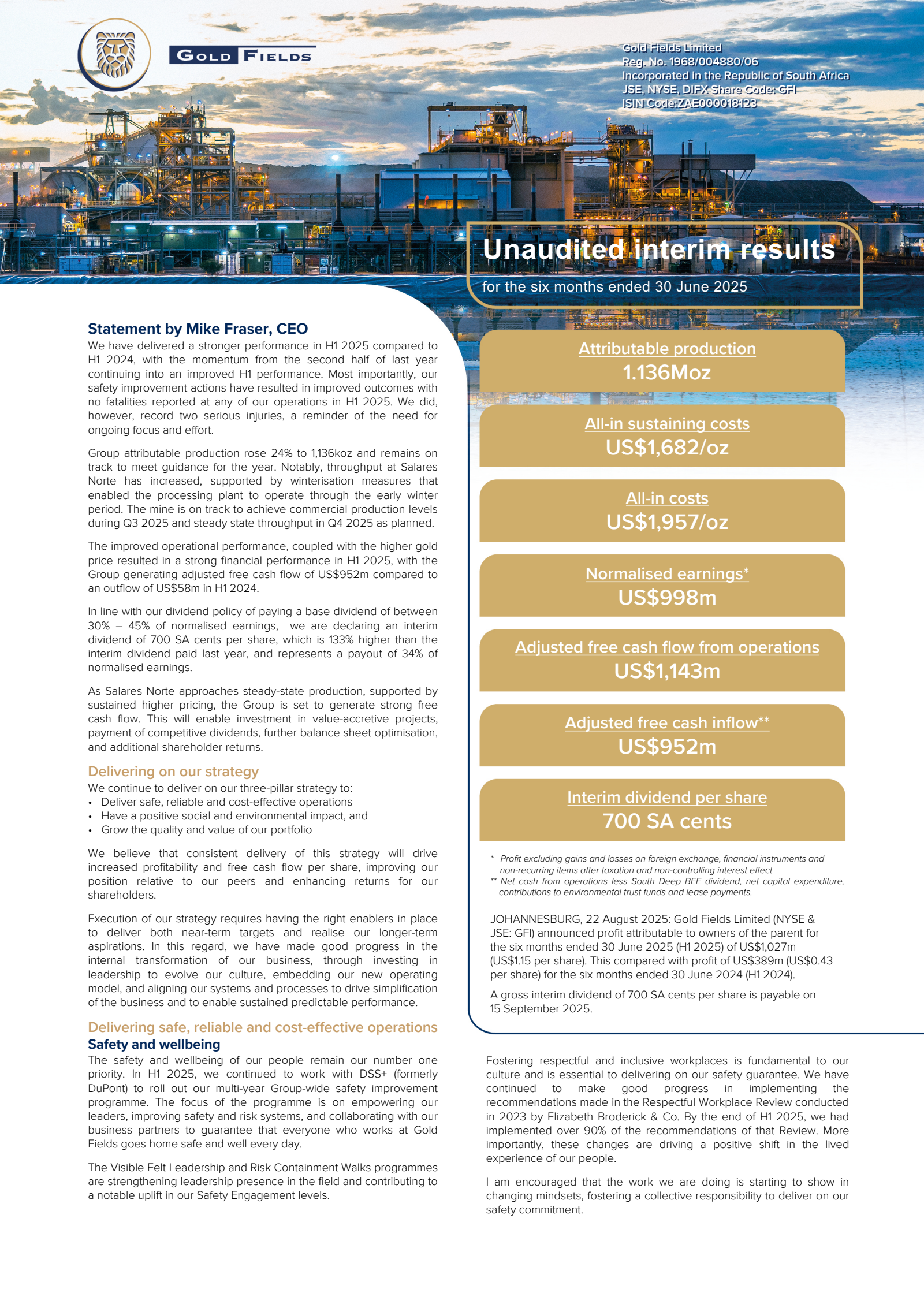 Gold Fields' Q2 2025 Press Release