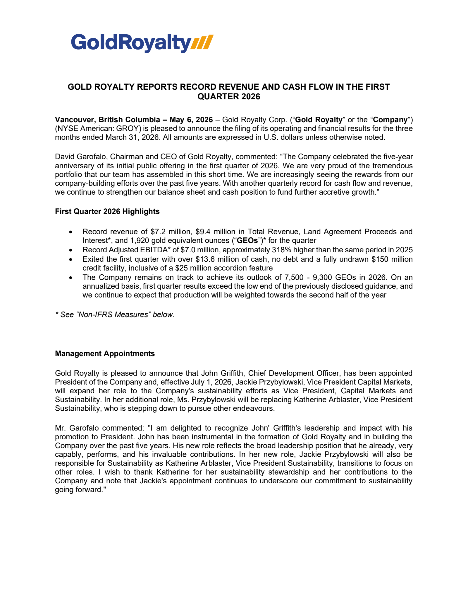 Gold Royalty's Q1 2026 Press Release
