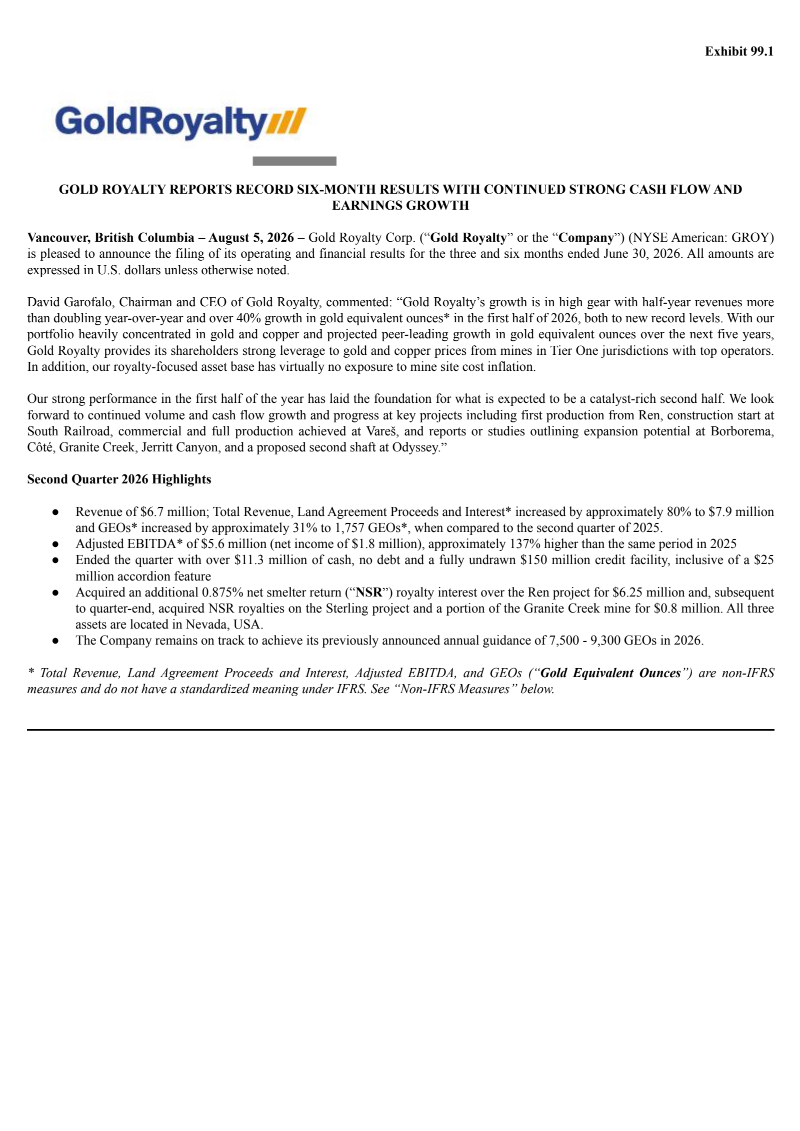 Gold Royalty's Q2 2026 Press Release