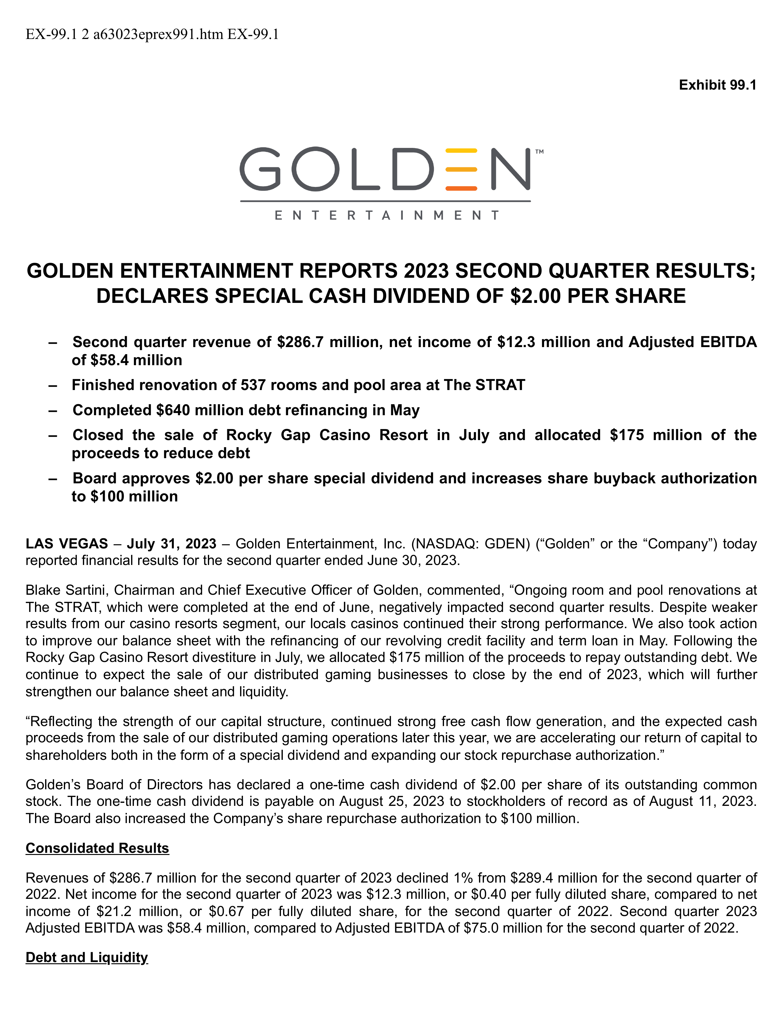 Golden Entertainment's Q2 2023 Press Release