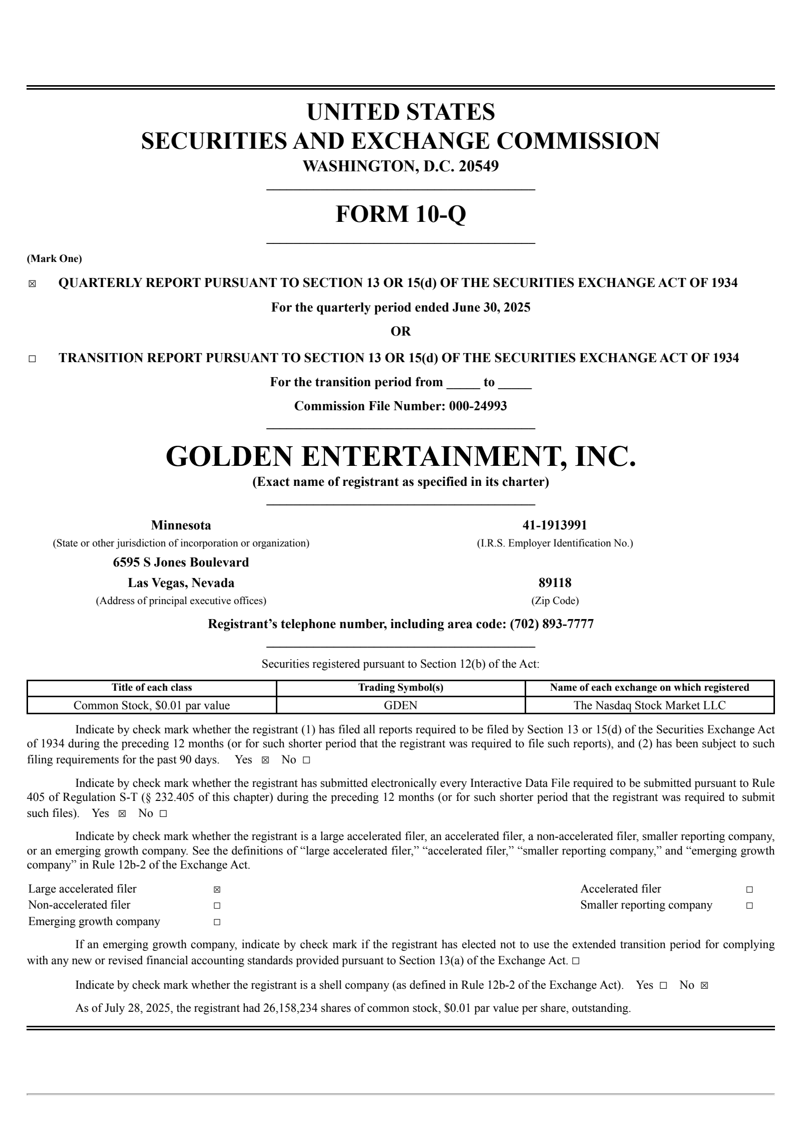 Golden Entertainment's Q2 2025 Quarterly report