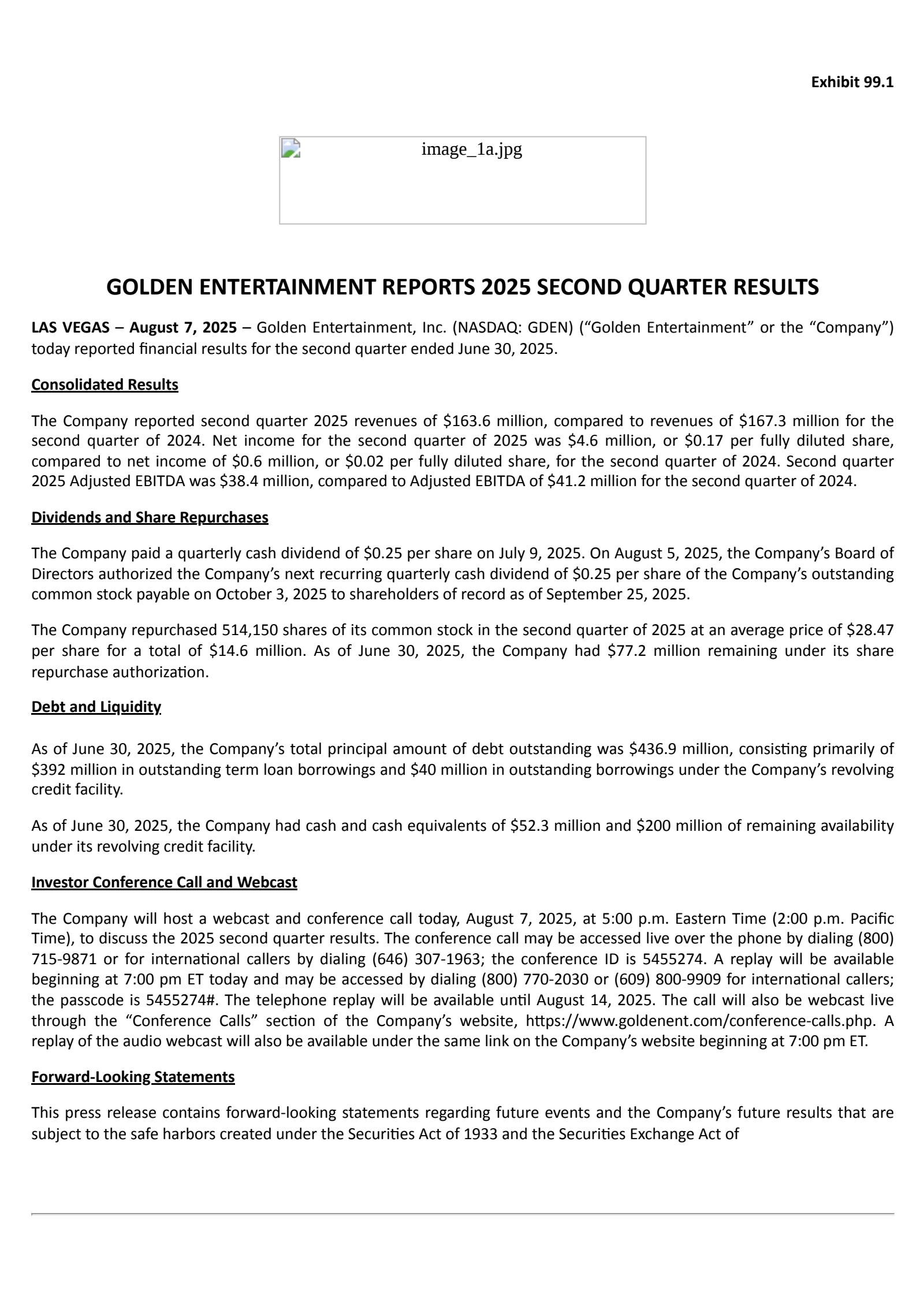 Golden Entertainment's Q2 2025 Press Release