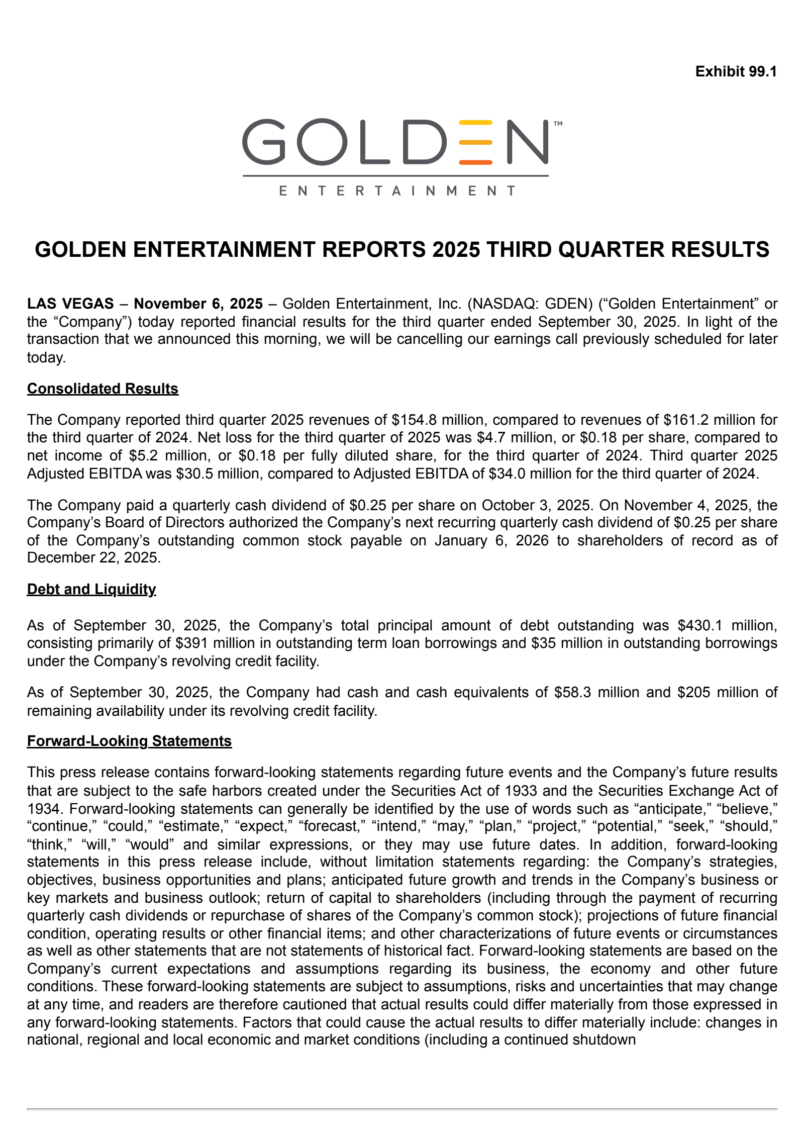 Golden Entertainment's Q3 2025 Earnings Release