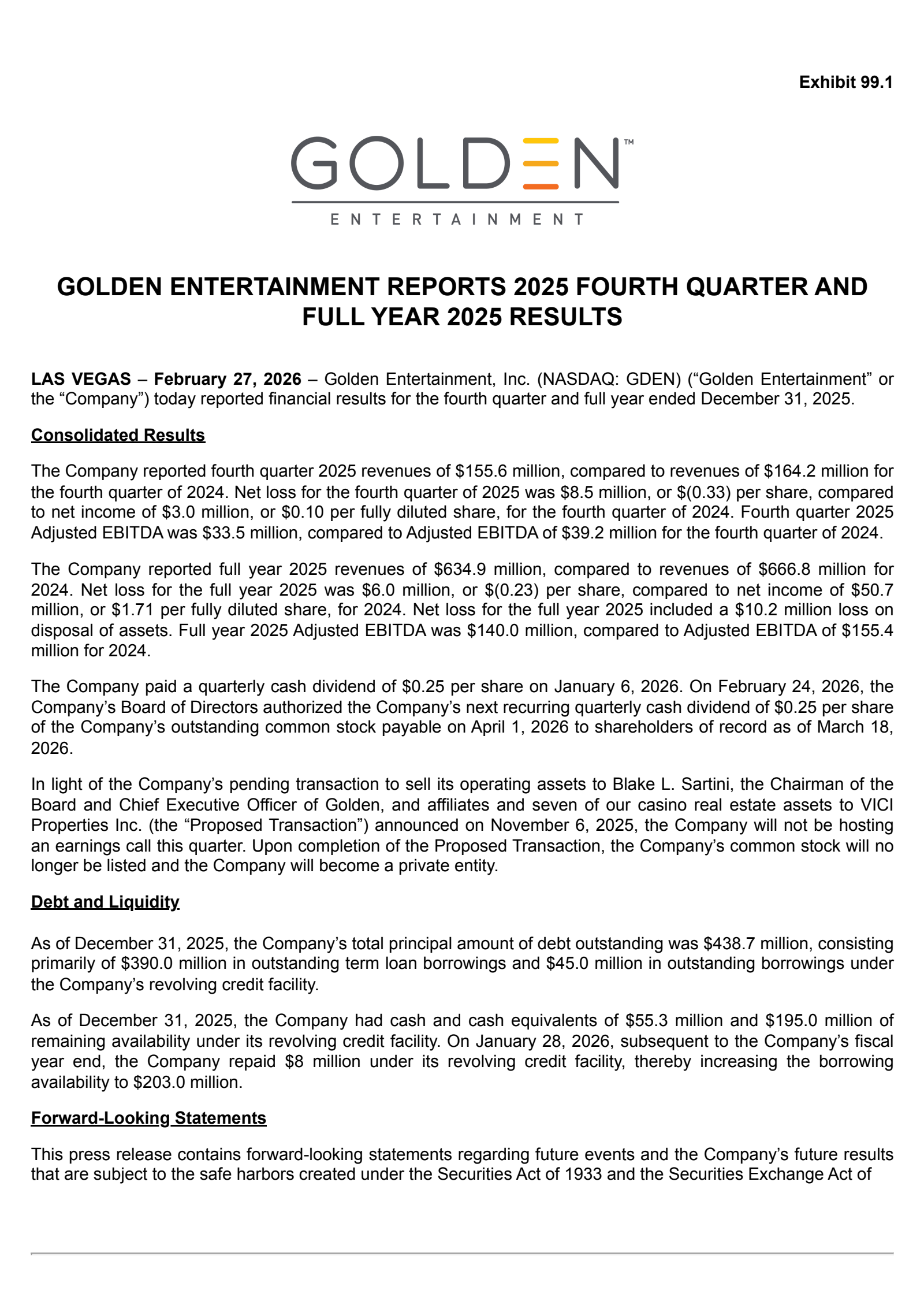 Golden Entertainment's Q4 2025 Press Release