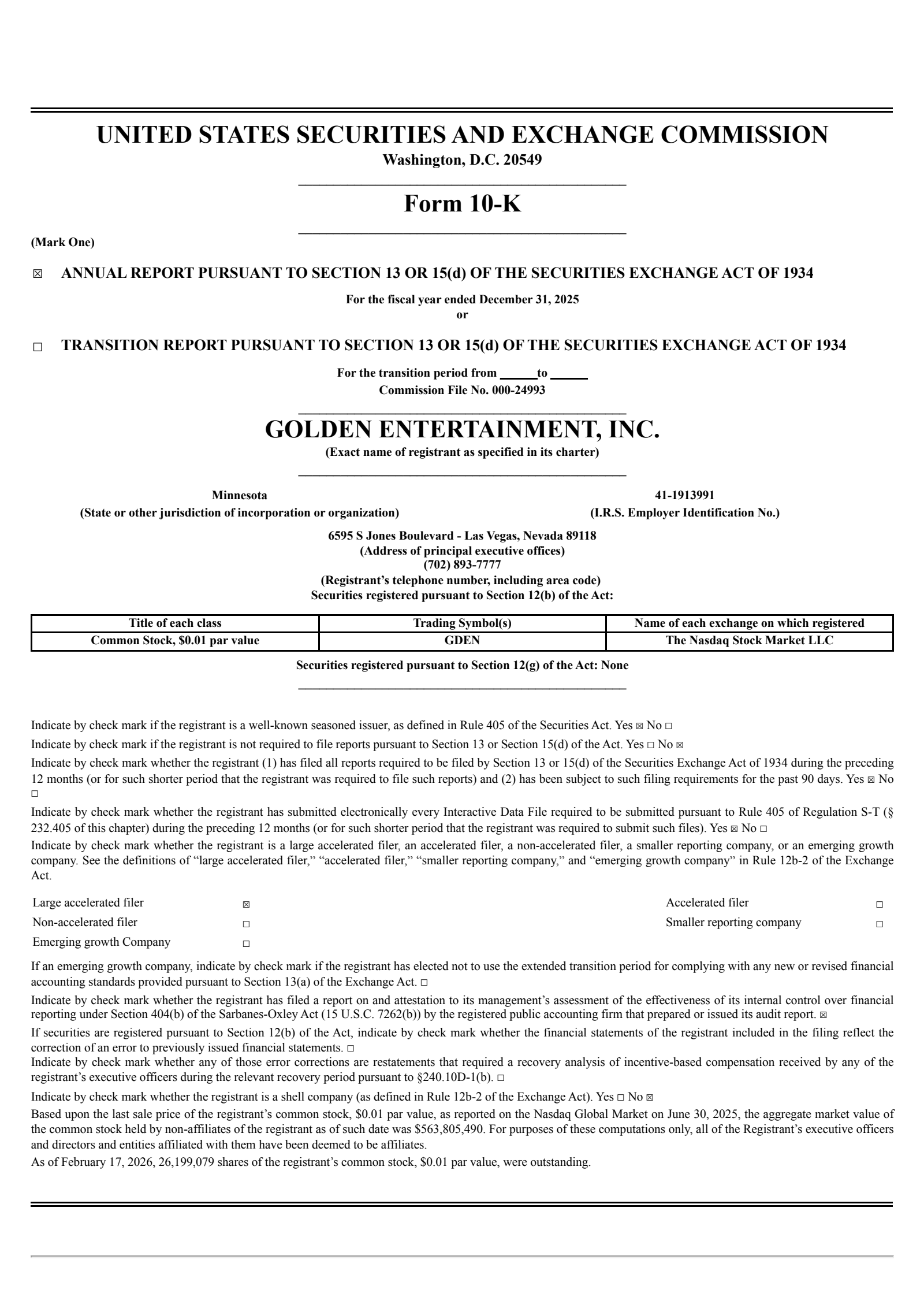 Golden Entertainment's Q4 2025 Annual report