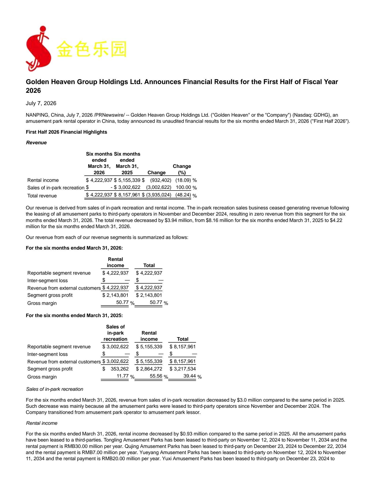 Golden Heaven Group's H1 2026 Press Release