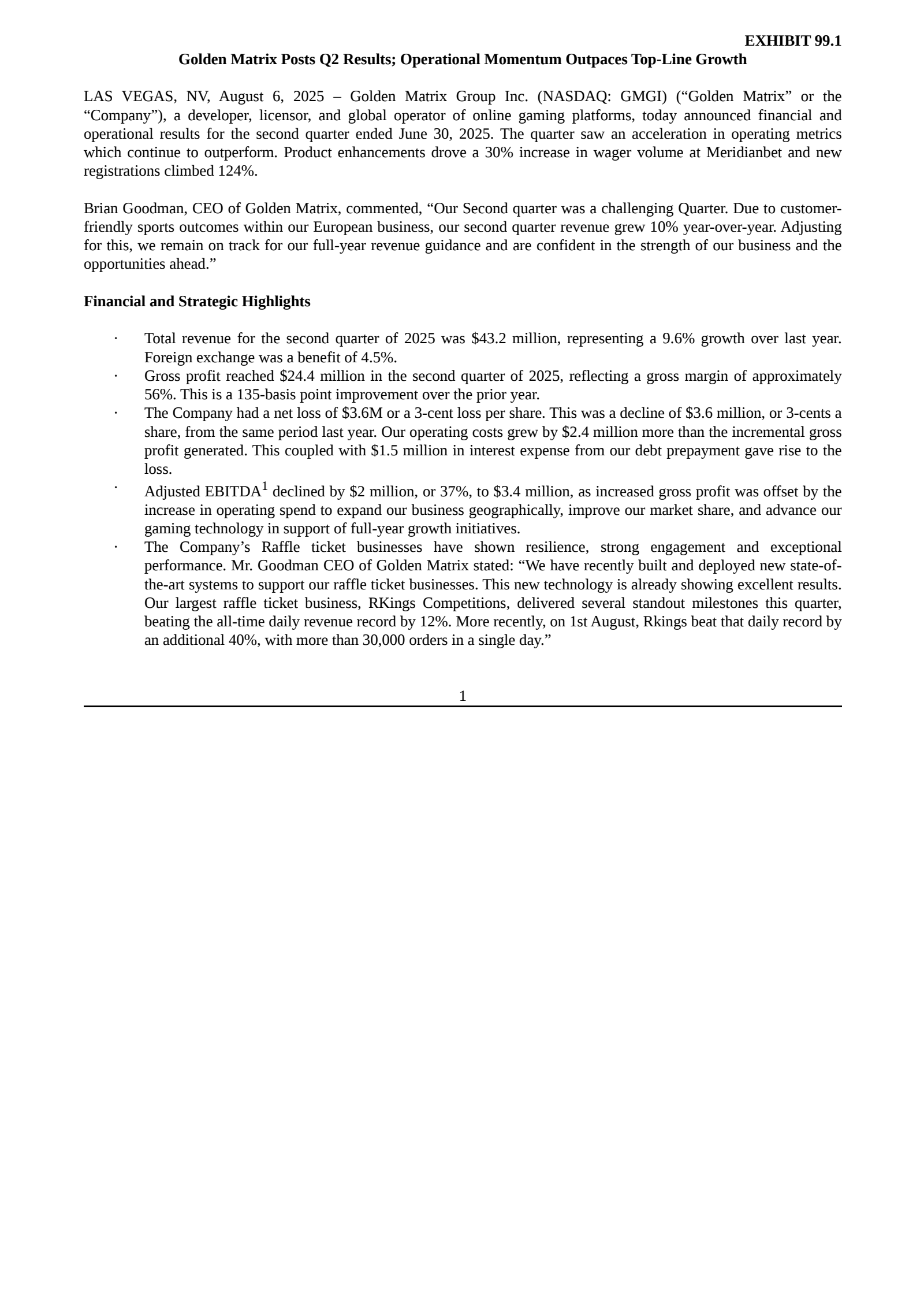 Golden Matrix Group's Q2 2025 Press Release