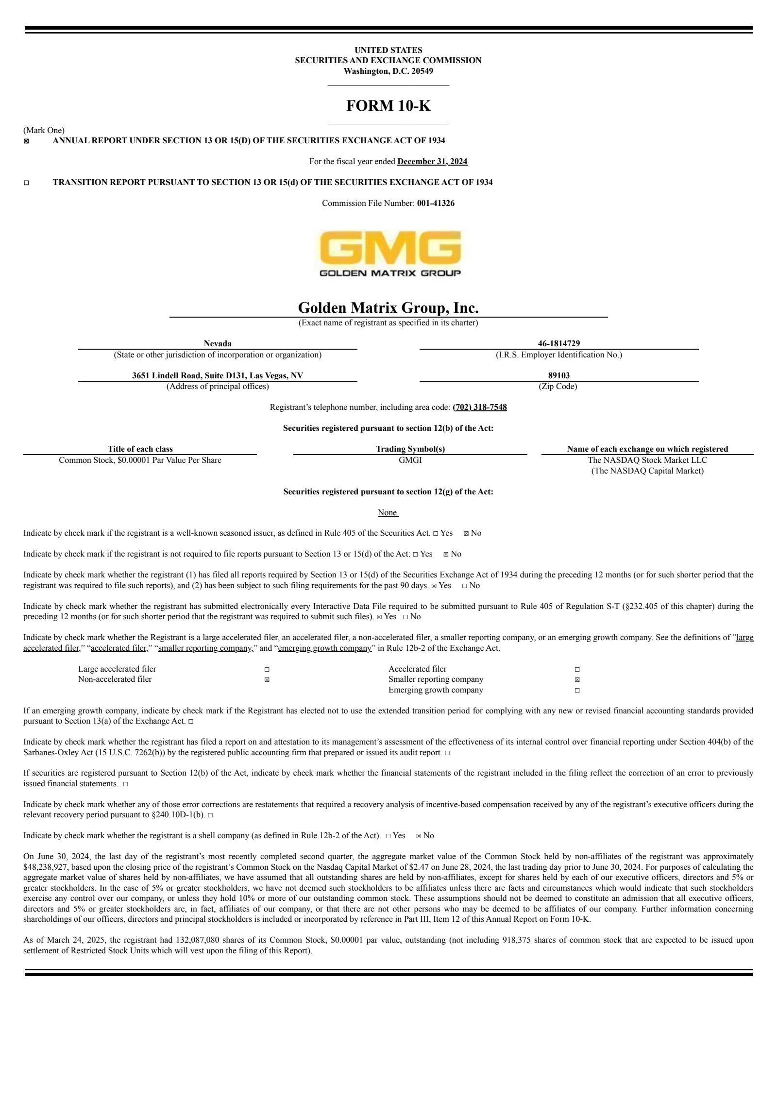 GMGI Q4 2024 Earnings Report on 4/29/2025