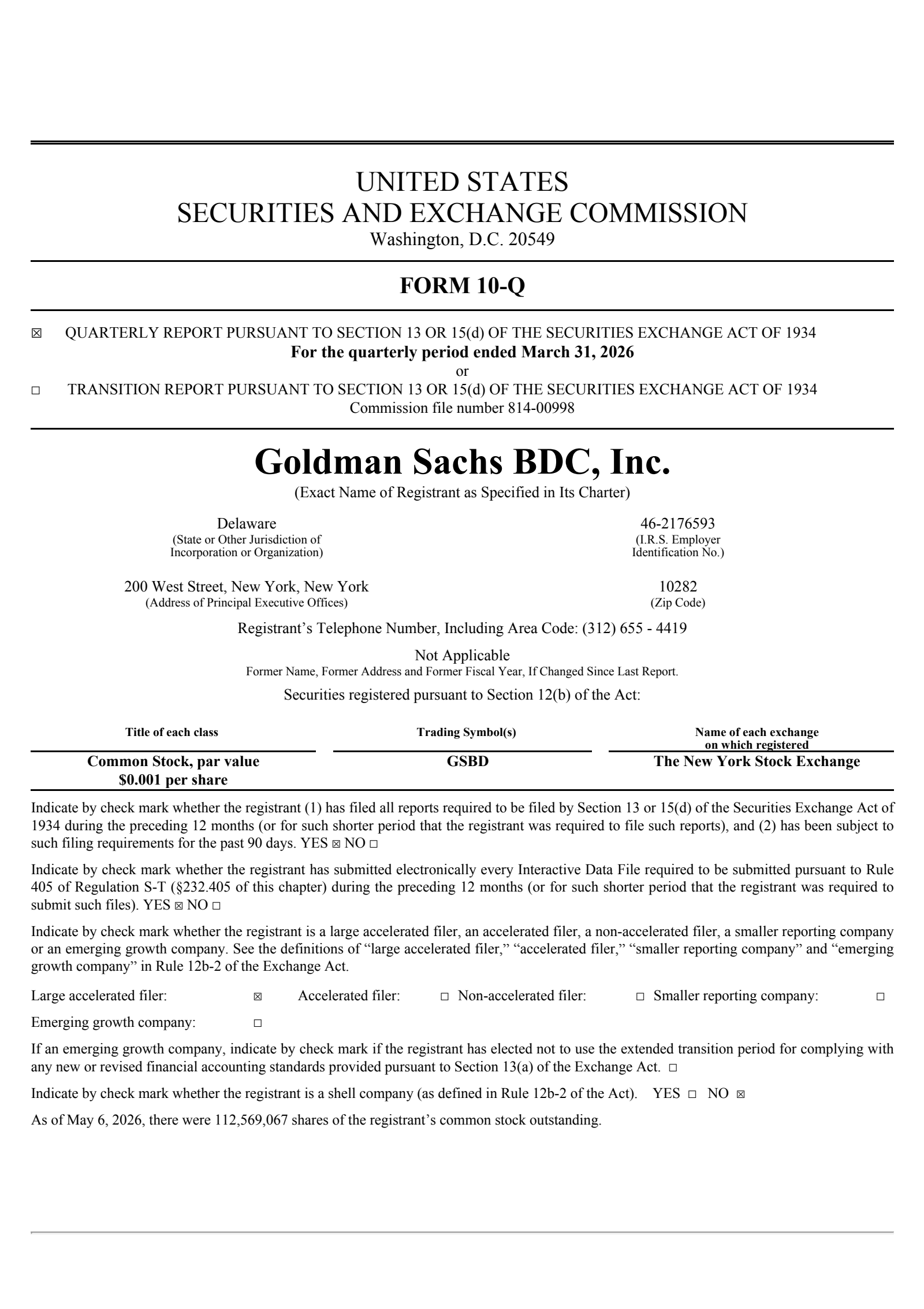 Goldman Sachs BDC's Q1 2026 Quarterly report