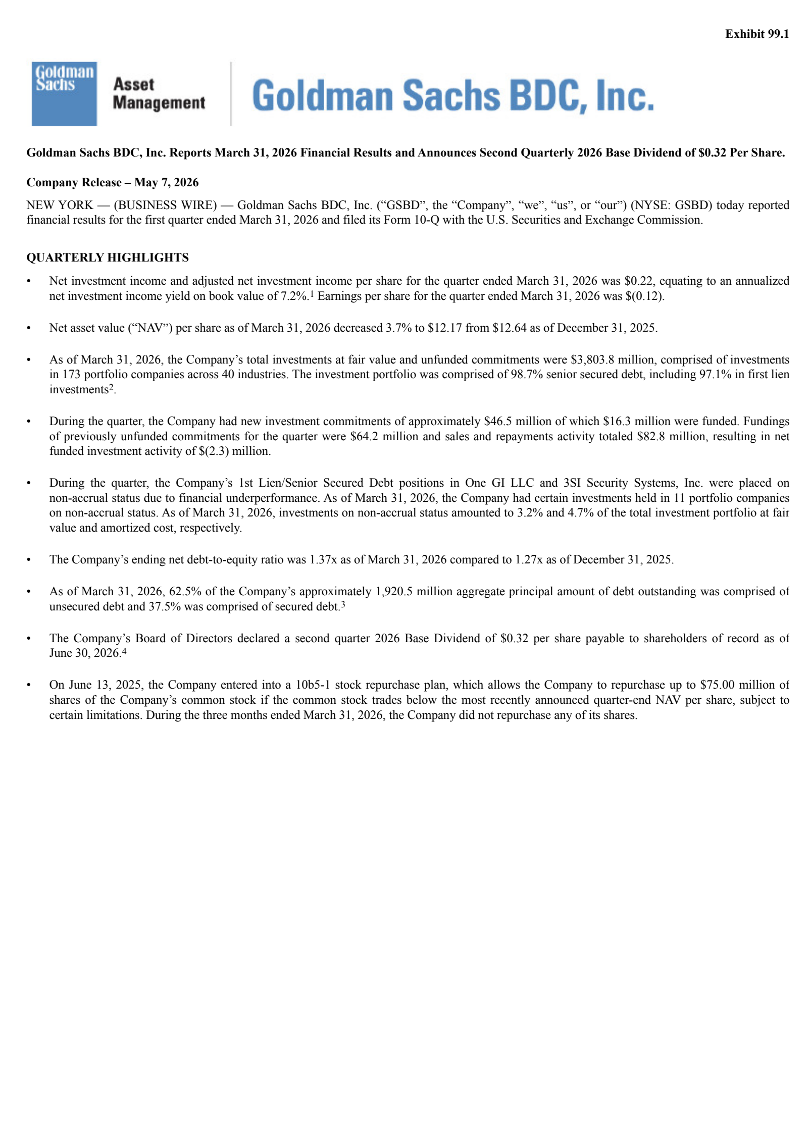 Goldman Sachs BDC's Q1 2026 Press Release