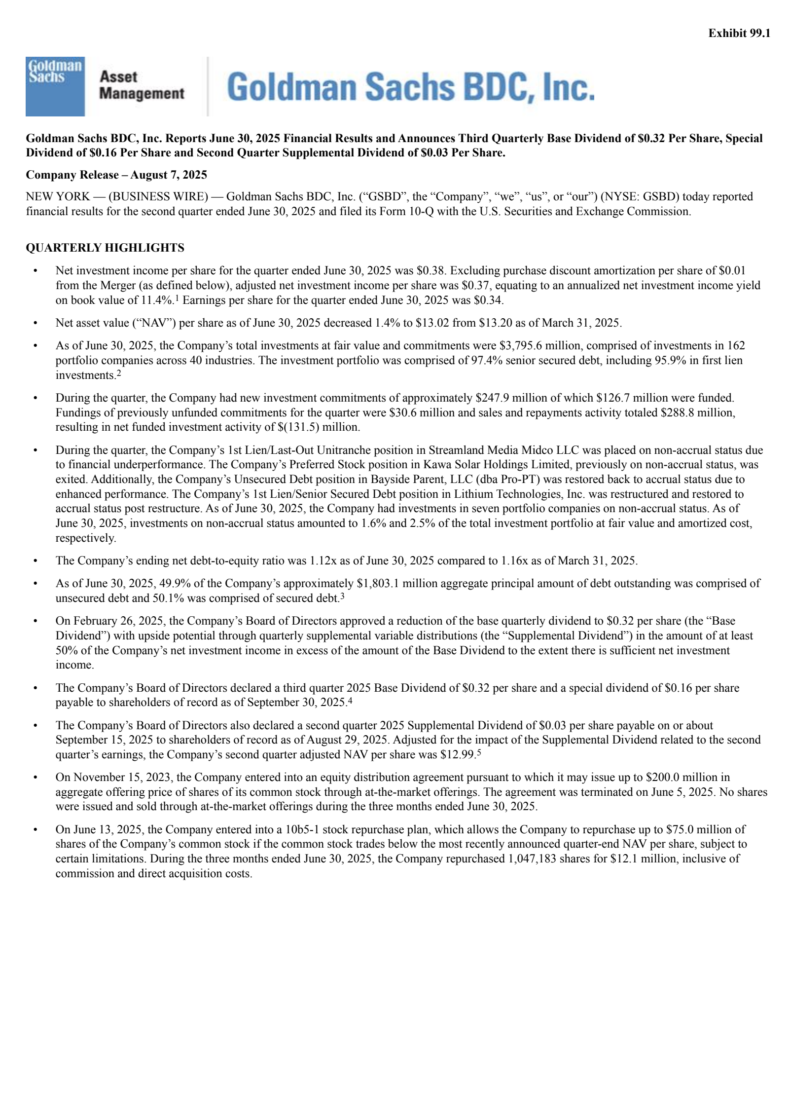 Goldman Sachs BDC's Q2 2025 Press Release