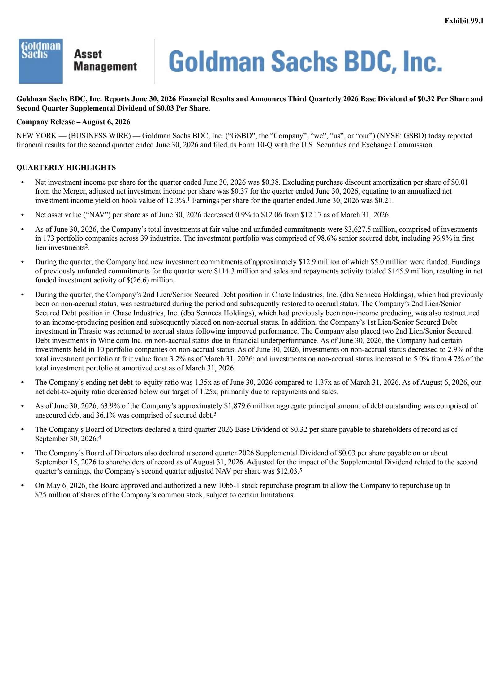 Goldman Sachs BDC's Q2 2026 Press Release