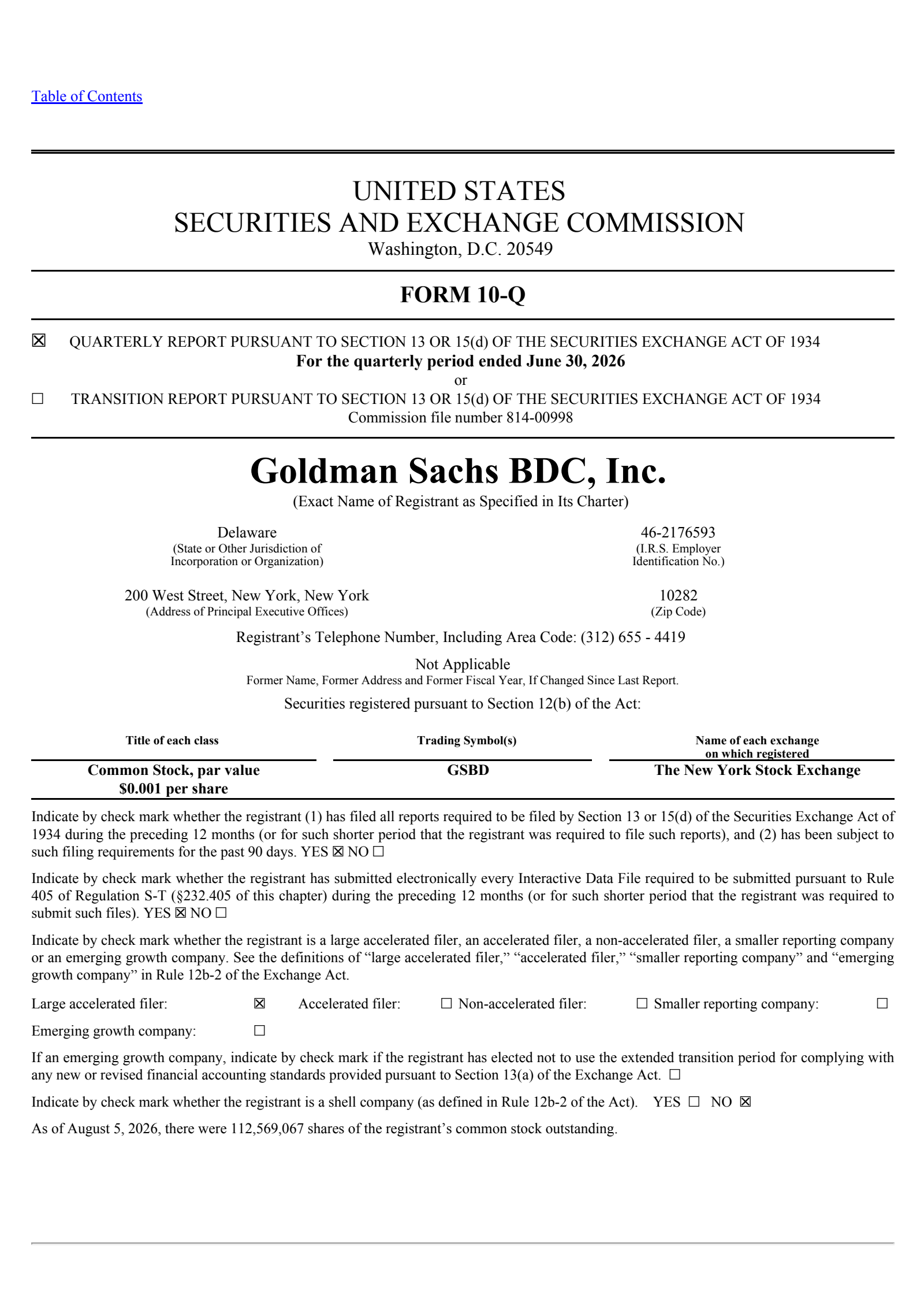 Goldman Sachs BDC's Q2 2026 Quarterly report