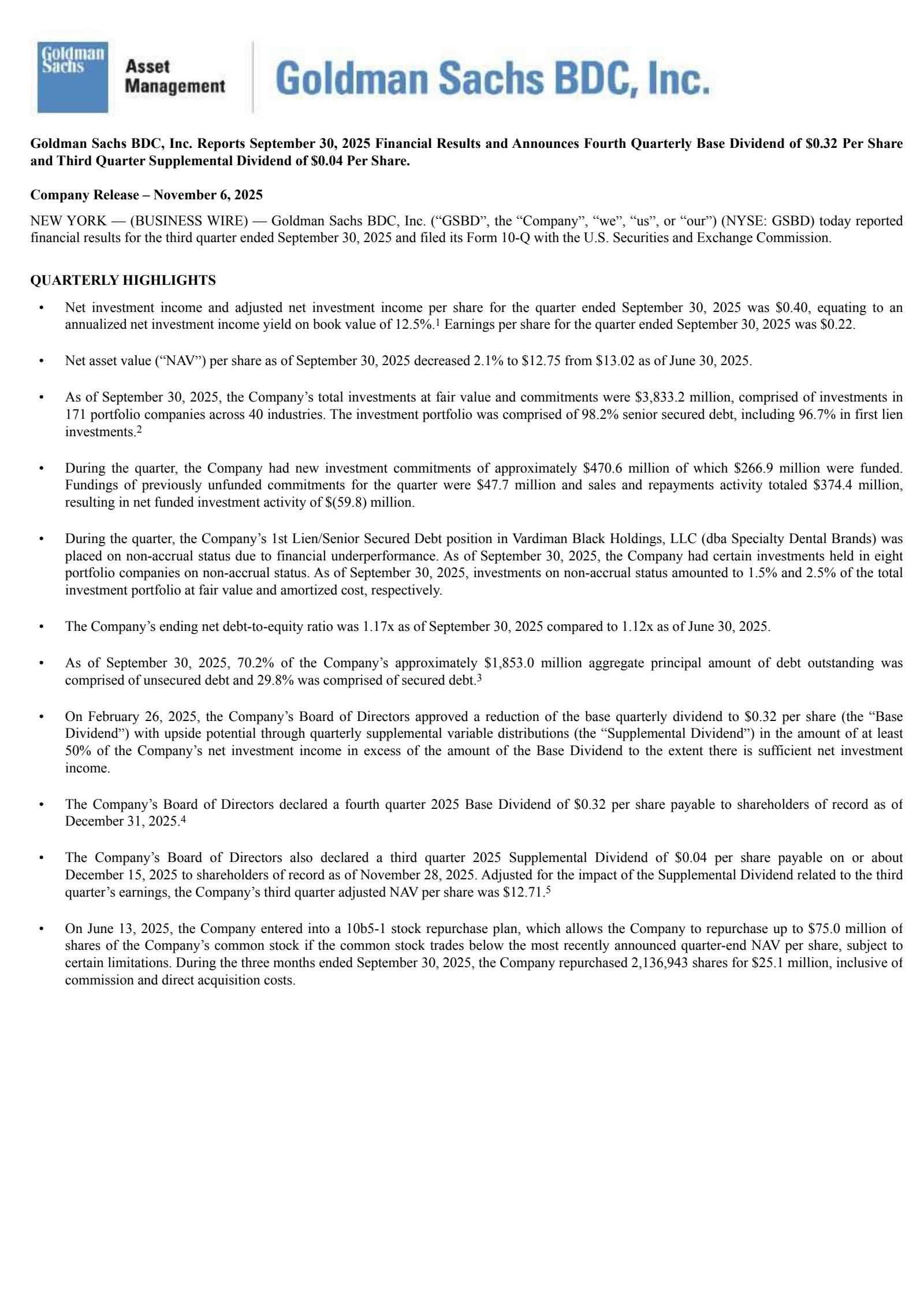 Goldman Sachs BDC's Q3 2025 Earnings Release
