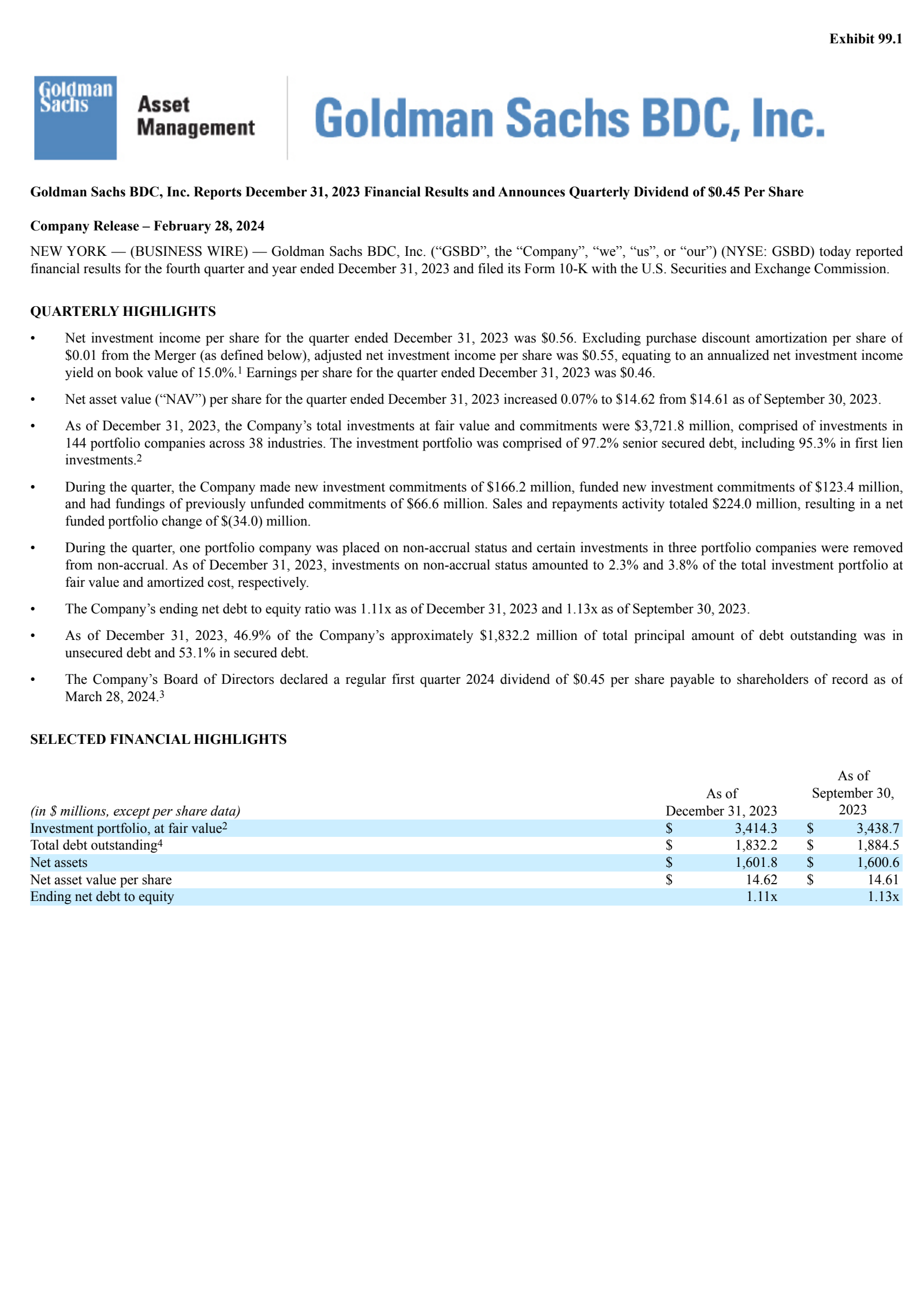 Goldman Sachs BDC's Q4 2023 Press Release