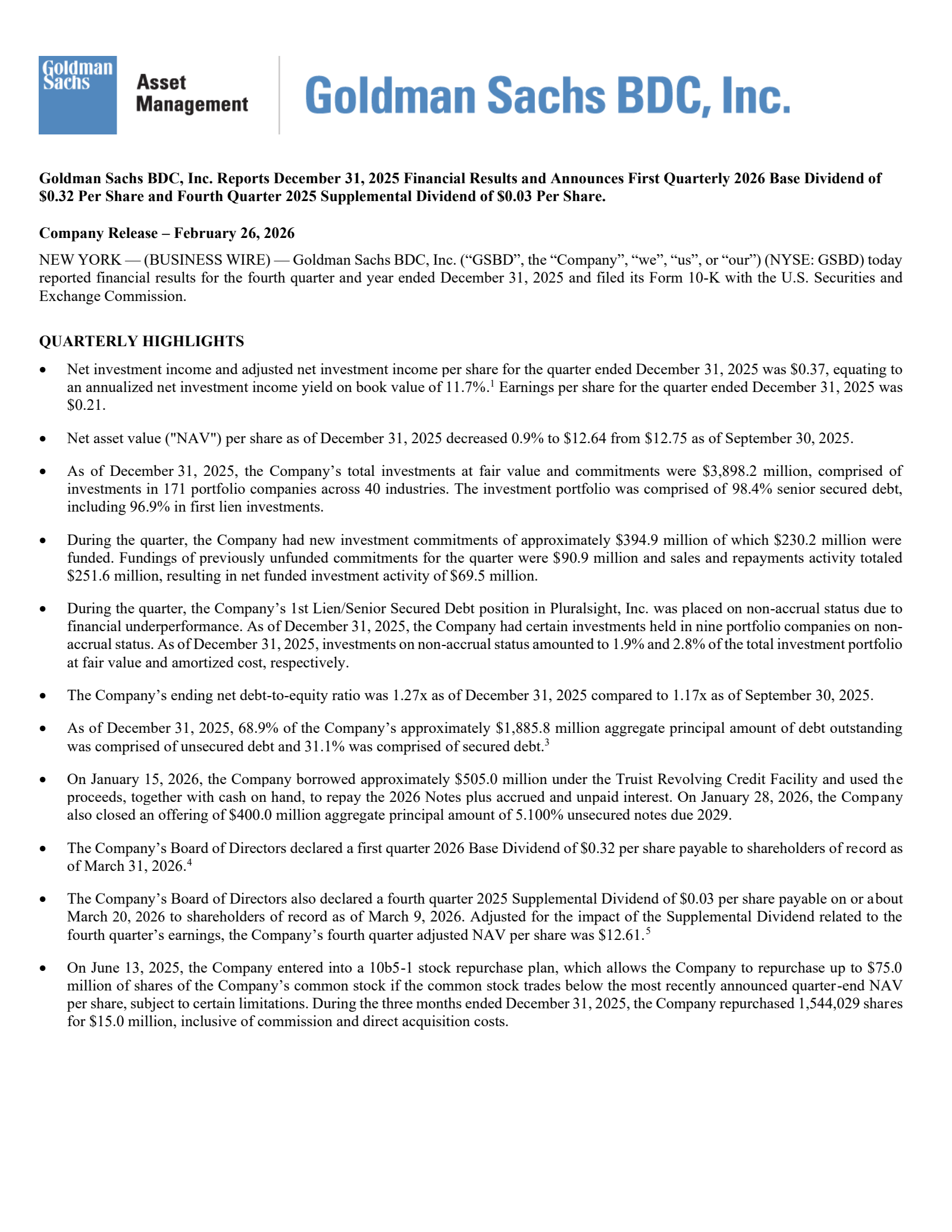 Goldman Sachs BDC's Q4 2025 Press Release