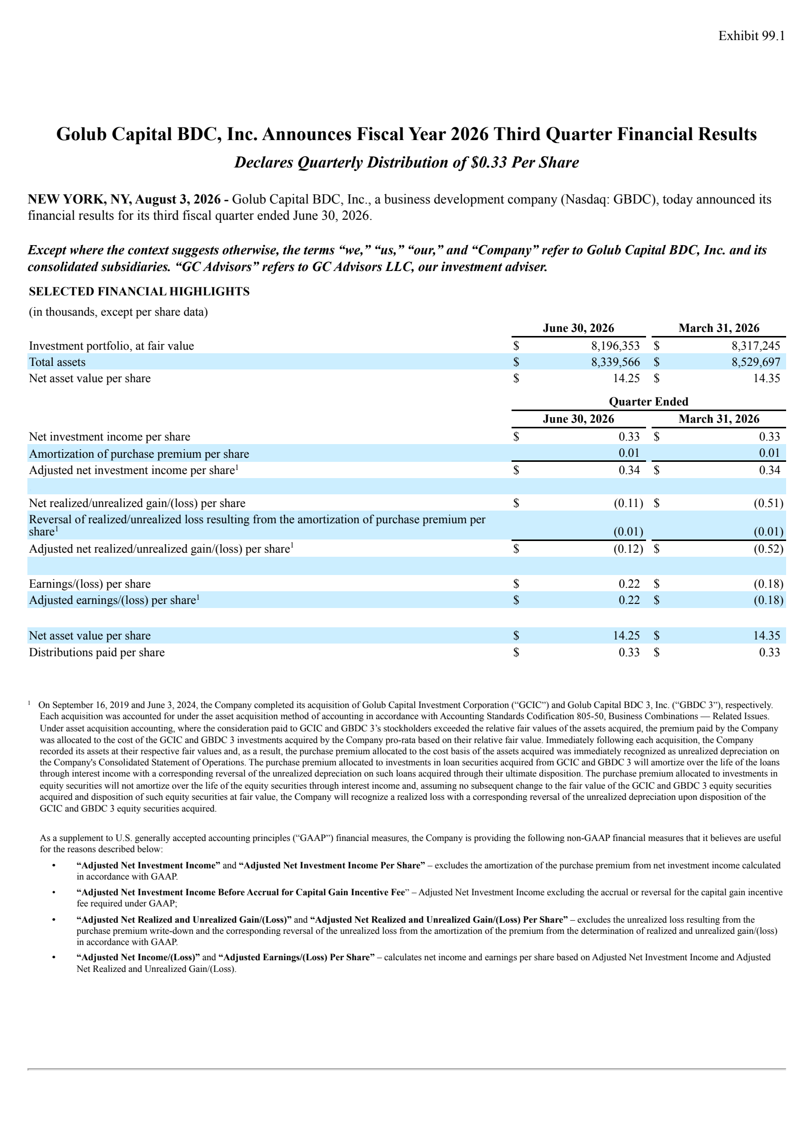 Golub Capital BDC's Q3 2026 Press Release