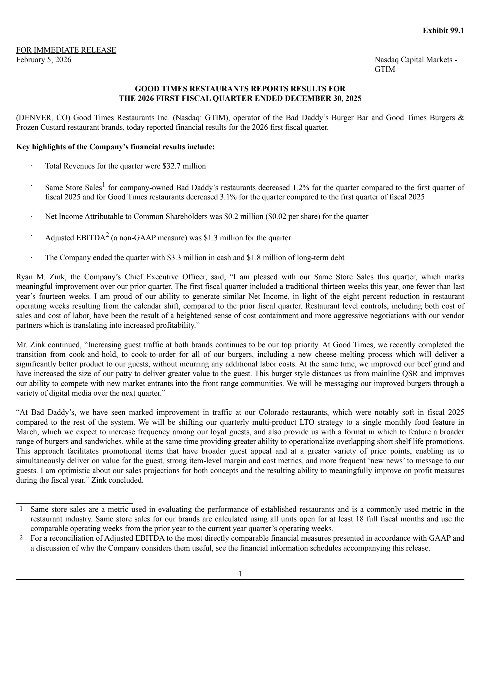 Good Times Restaurants' Q1 2026 Press Release