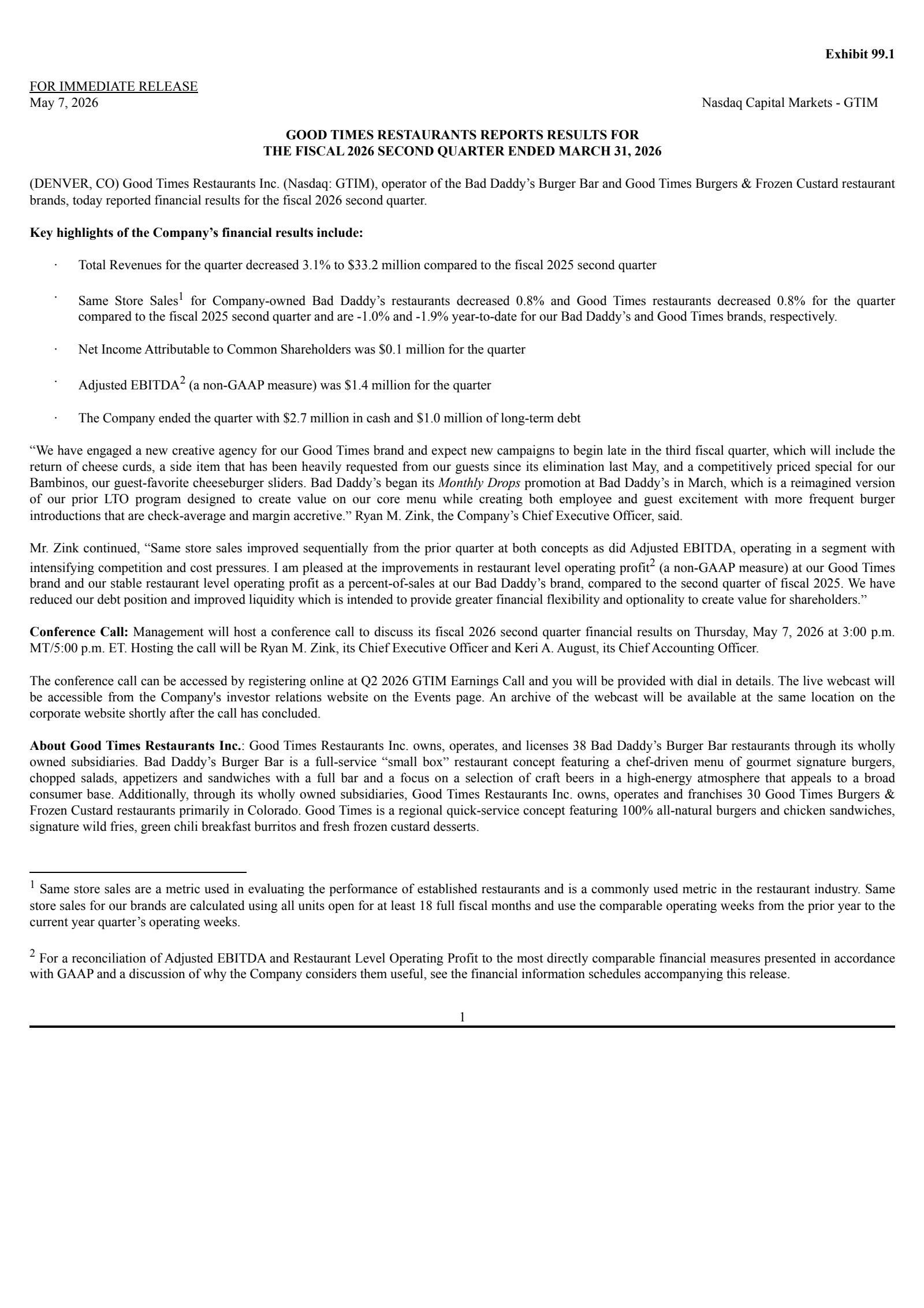 Good Times Restaurants' Q2 2026 Press Release