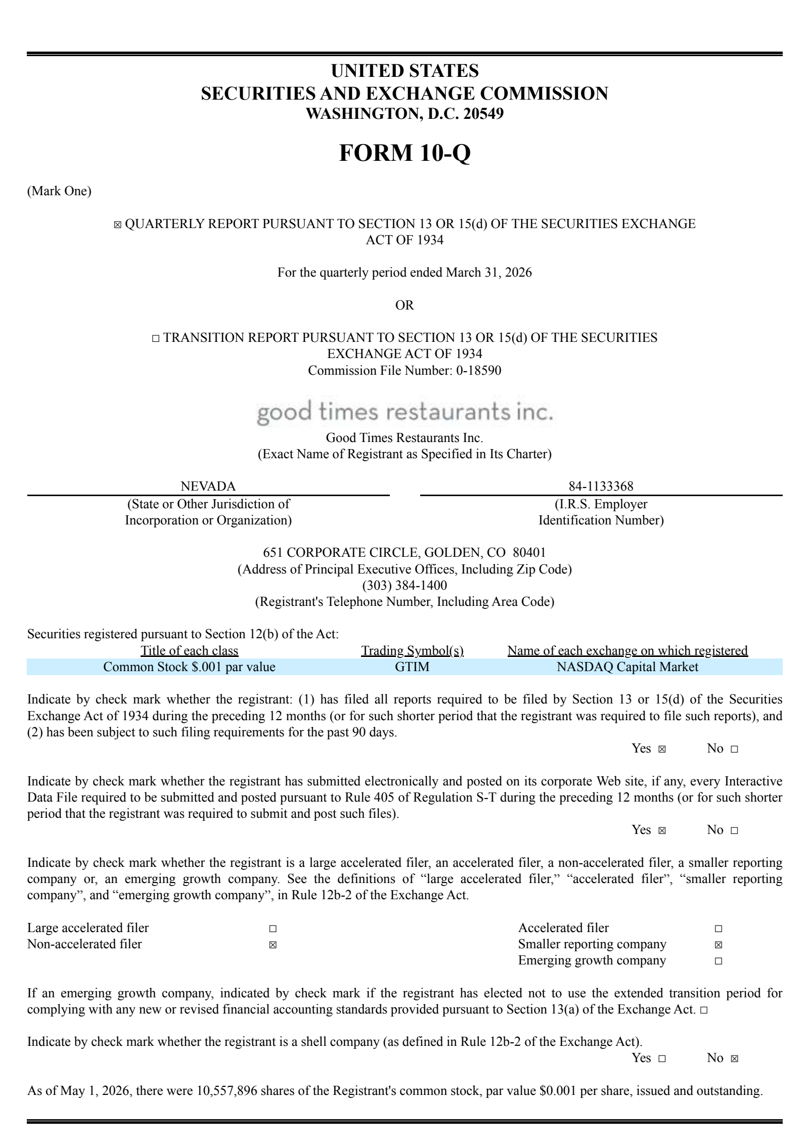 Good Times Restaurants' Q2 2026 Quarterly report