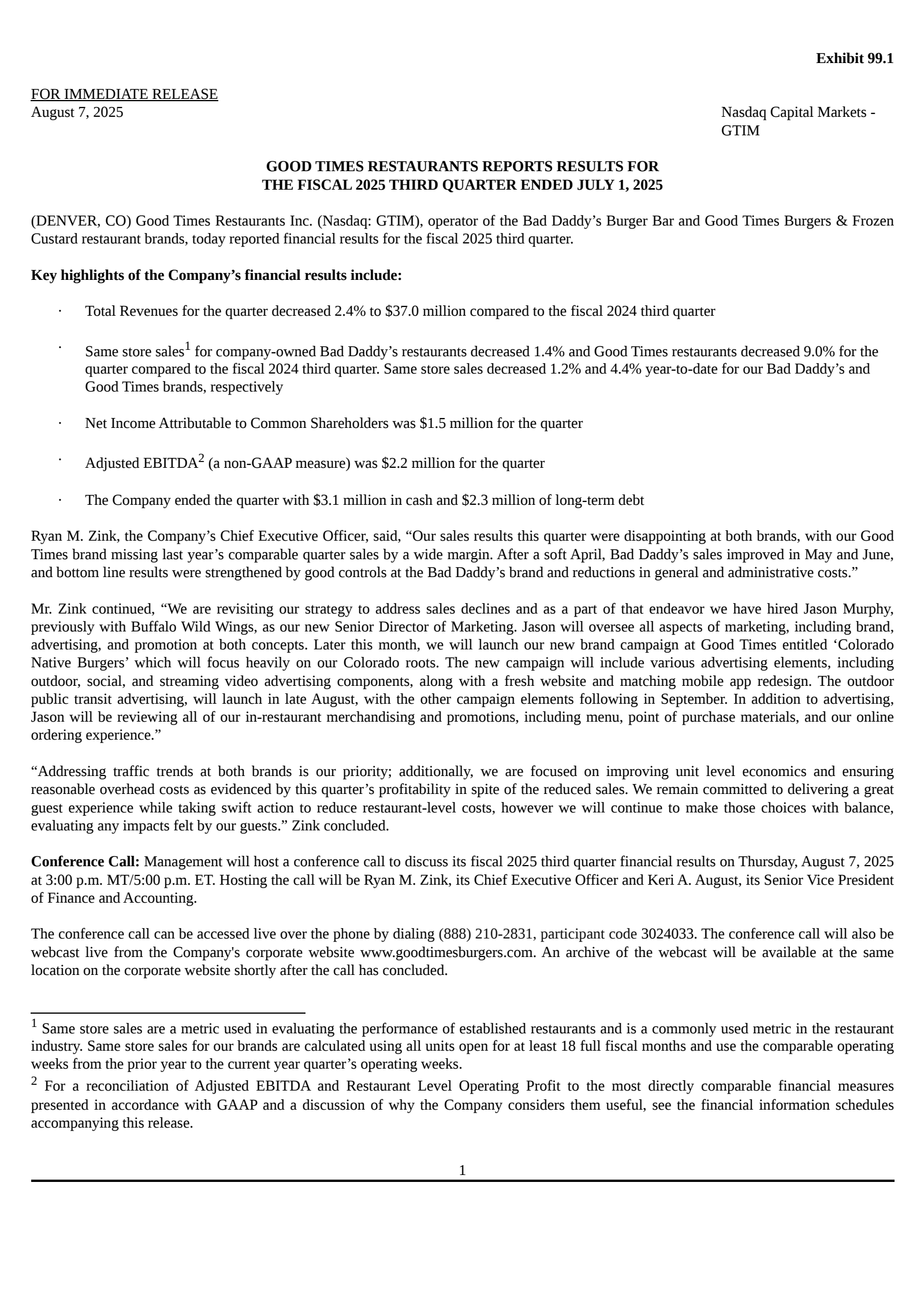 Good Times Restaurants' Q3 2025 Press Release