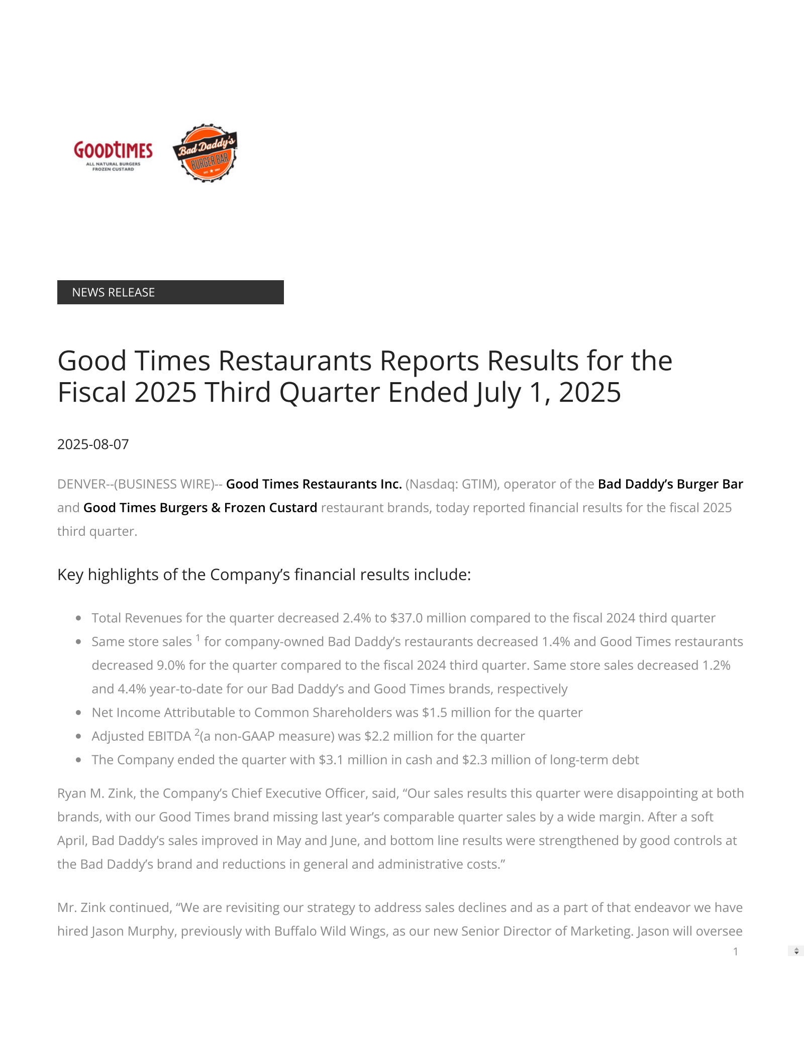 Good Times Restaurants' Q3 2025 Press Release