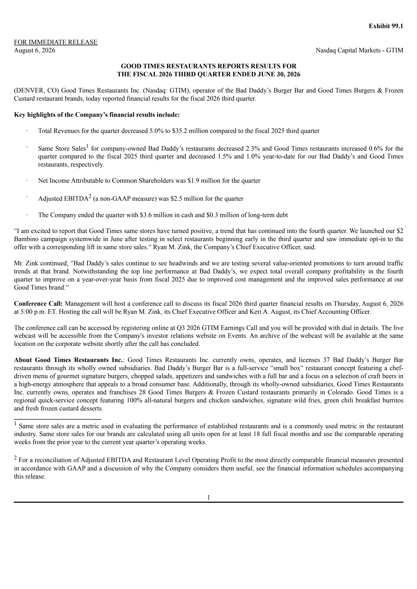 Good Times Restaurants' Q3 2026 Press Release