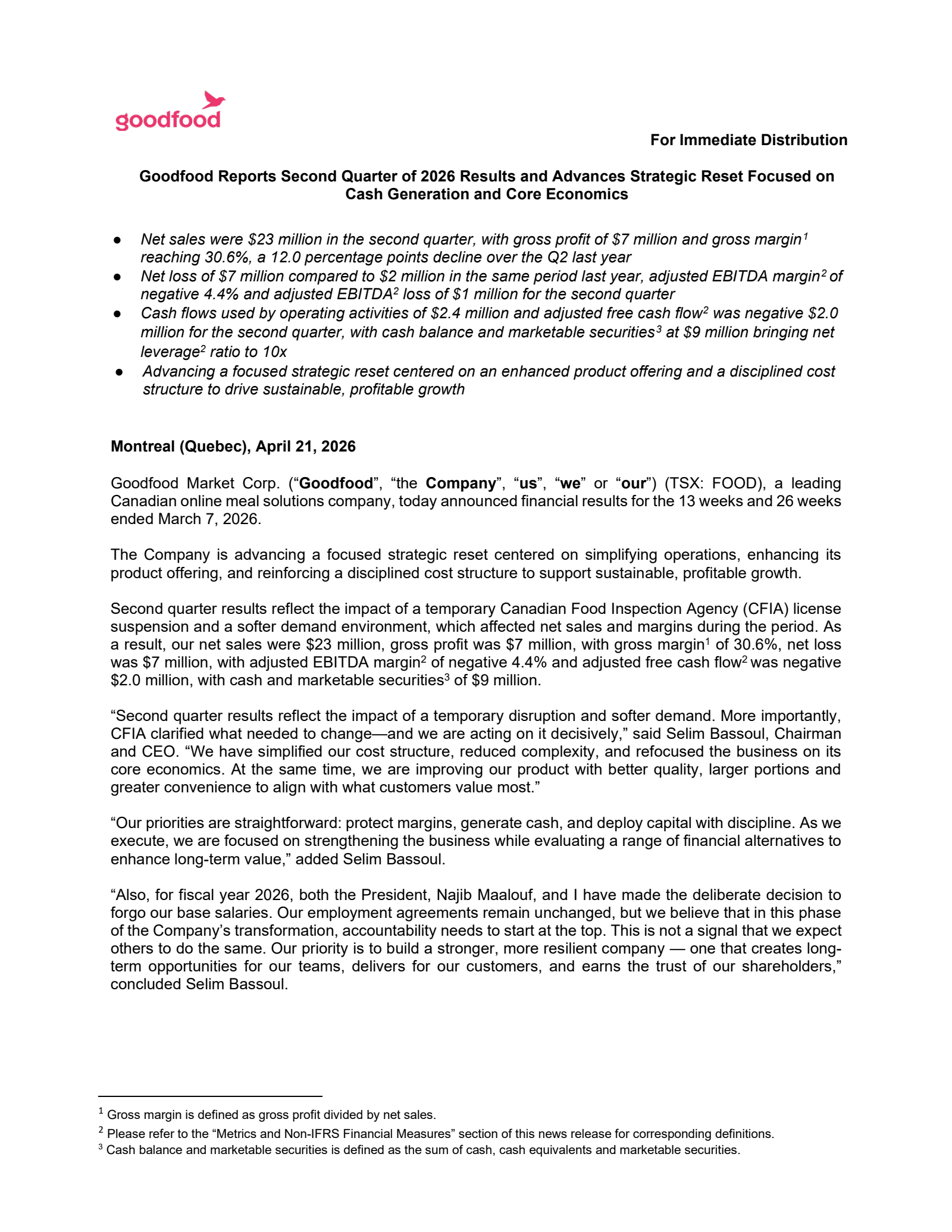 Goodfood Market's Q2 2026 Press Release