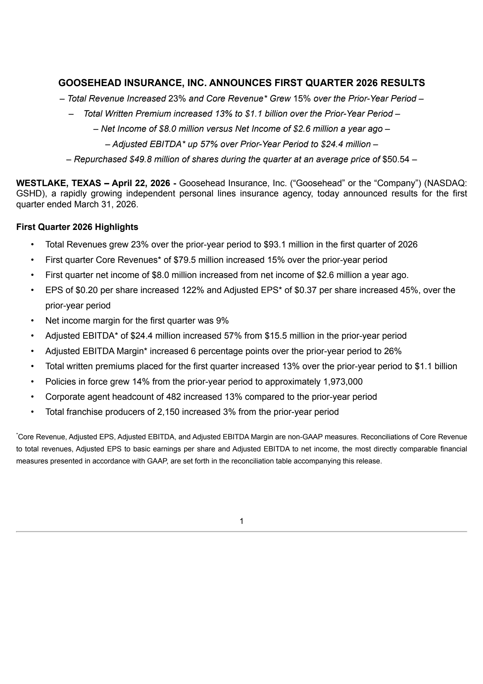 Goosehead Insurance's Q1 2026 Press Release