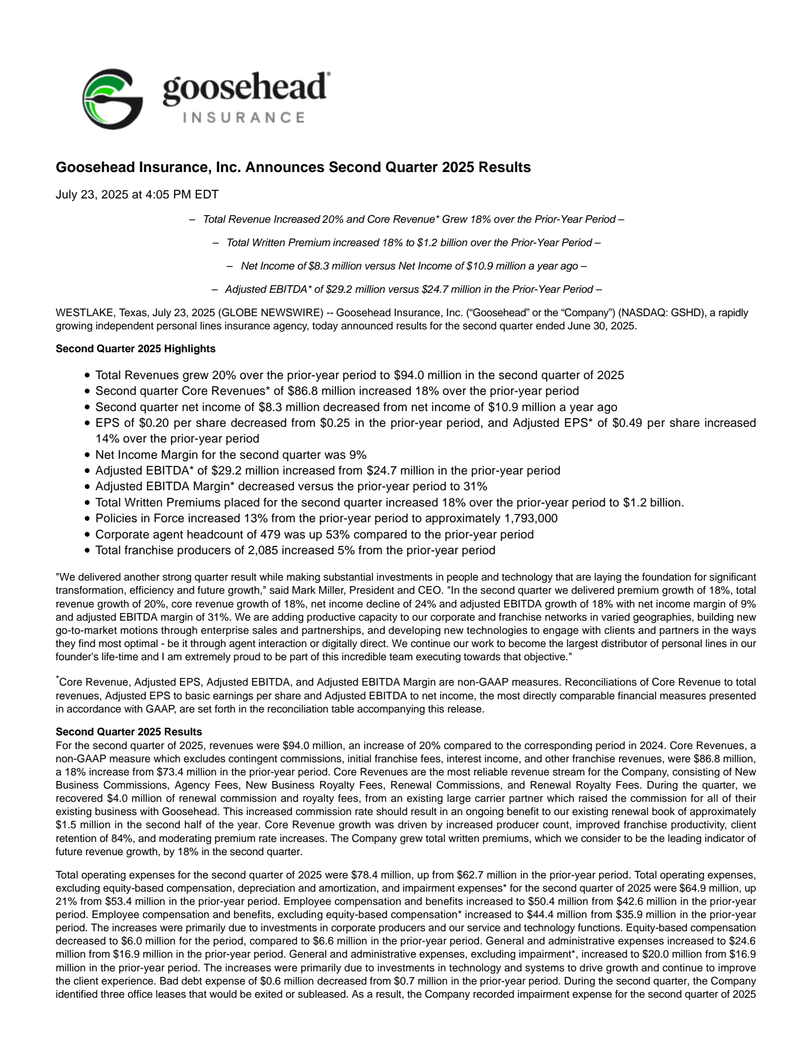 Goosehead Insurance's Q2 2025 Press Release
