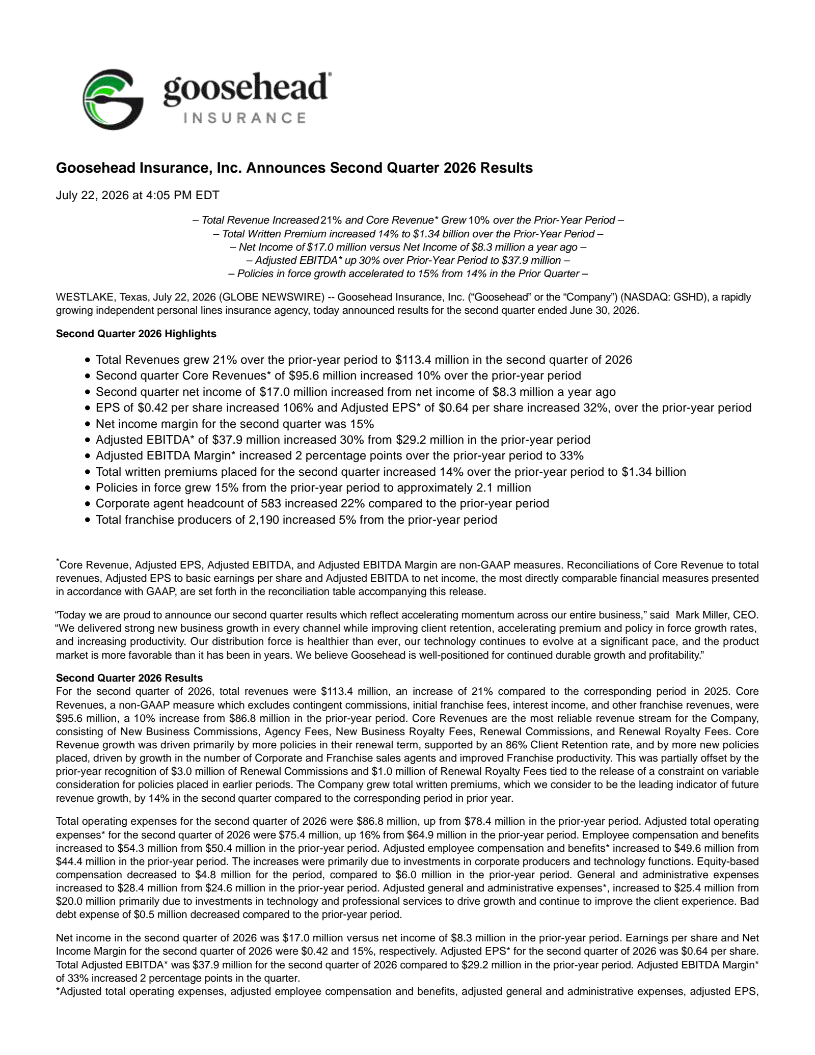 Goosehead Insurance's Q2 2026 Press Release