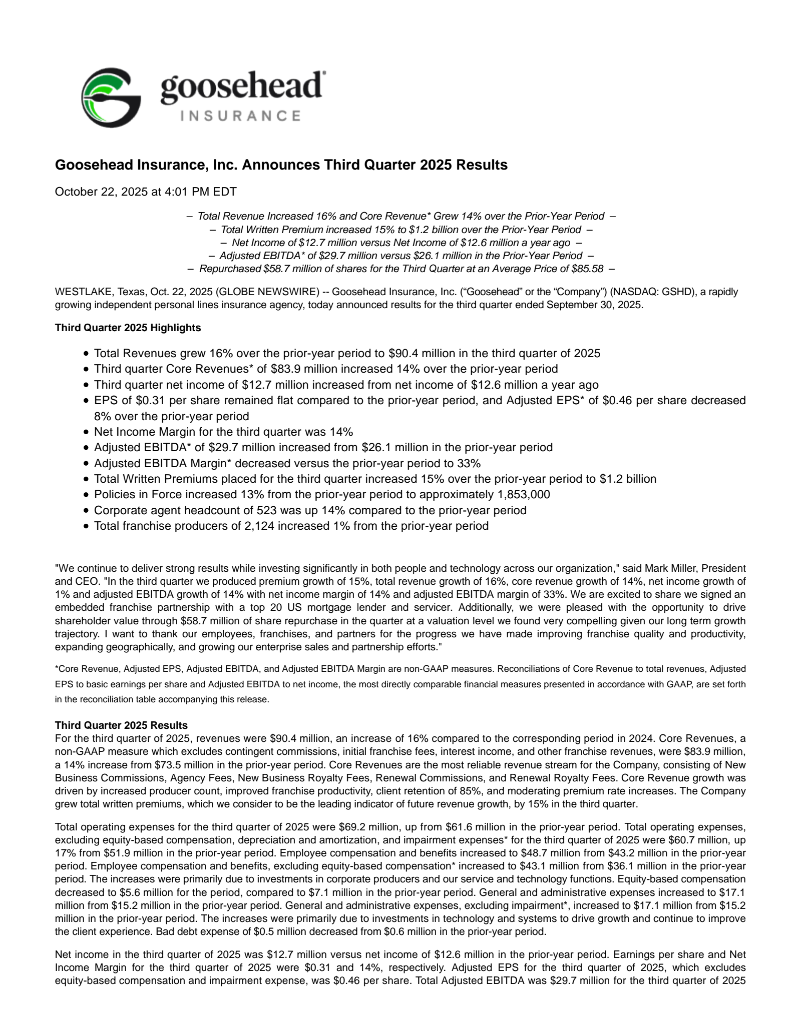 Goosehead Insurance's Q3 2025 Earnings Release