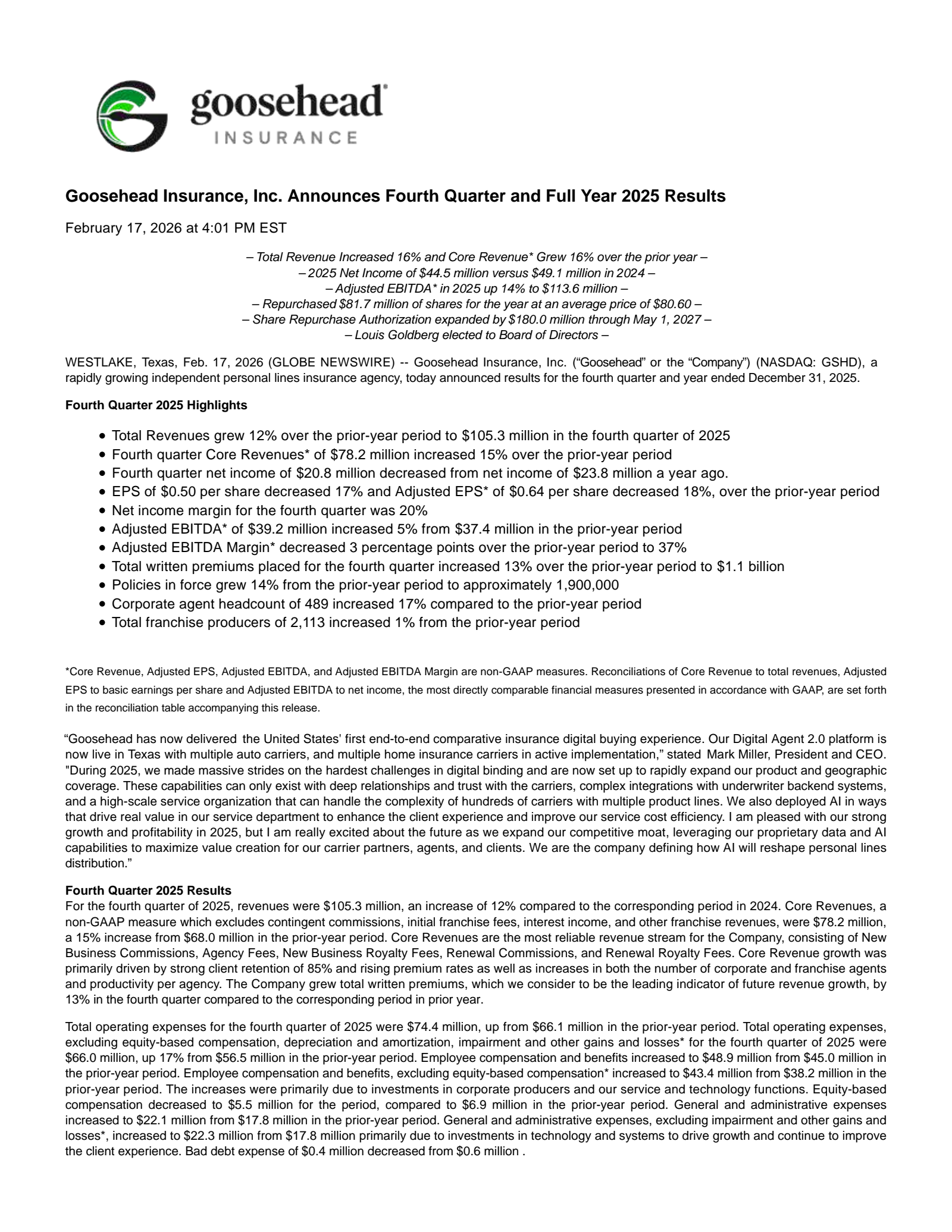 Goosehead Insurance's Q4 2025 Press Release