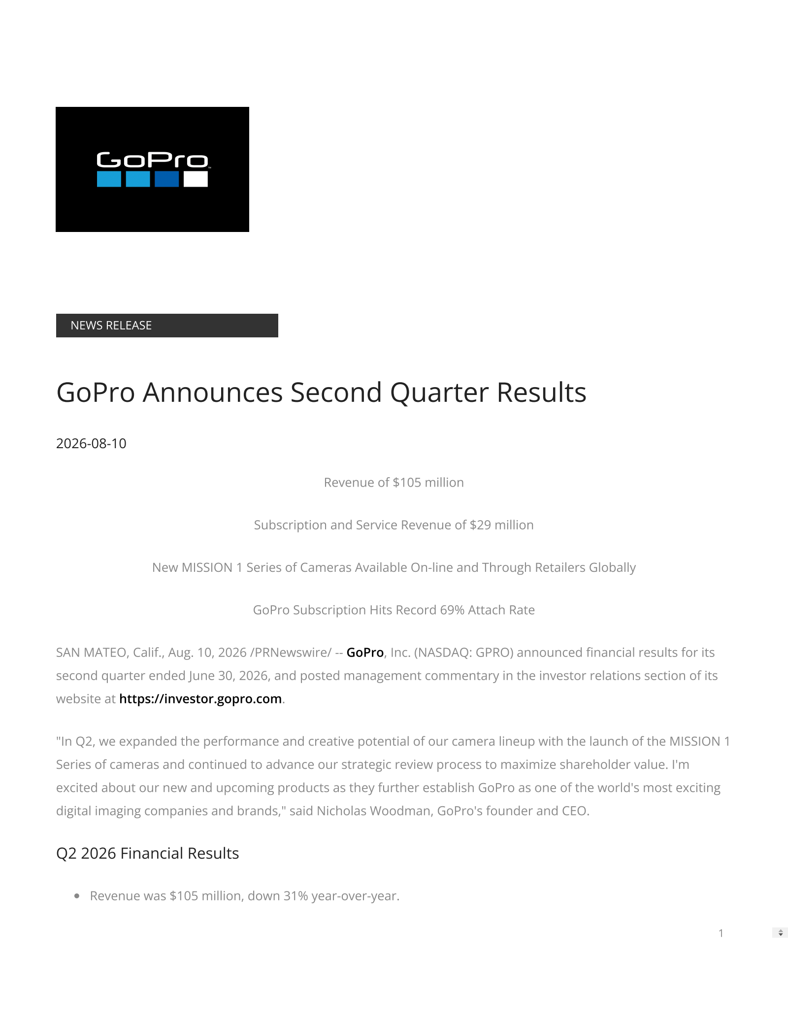 GoPro's Q2 2026 Press Release