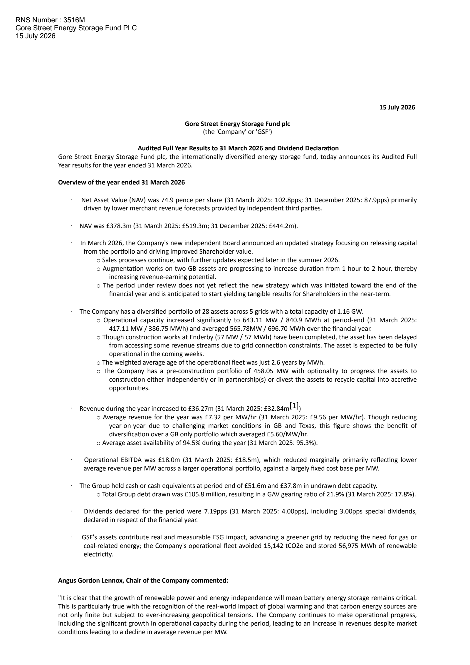 Gore Street Energy Storage Fund's H2 2026 Press Release