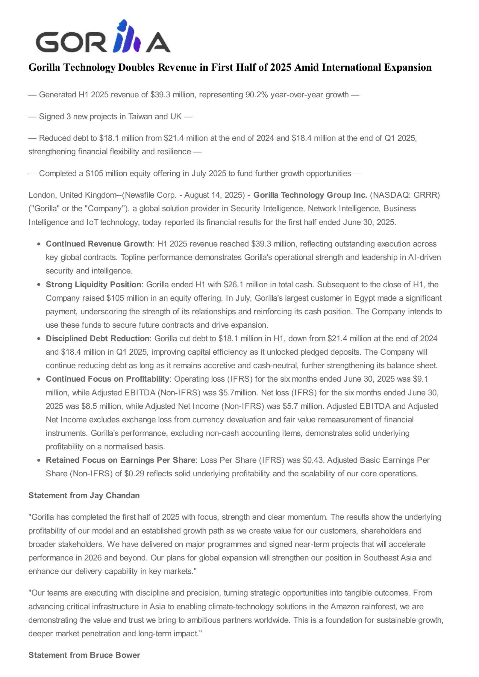 Gorilla Technology Group's H1 2025 Press Release