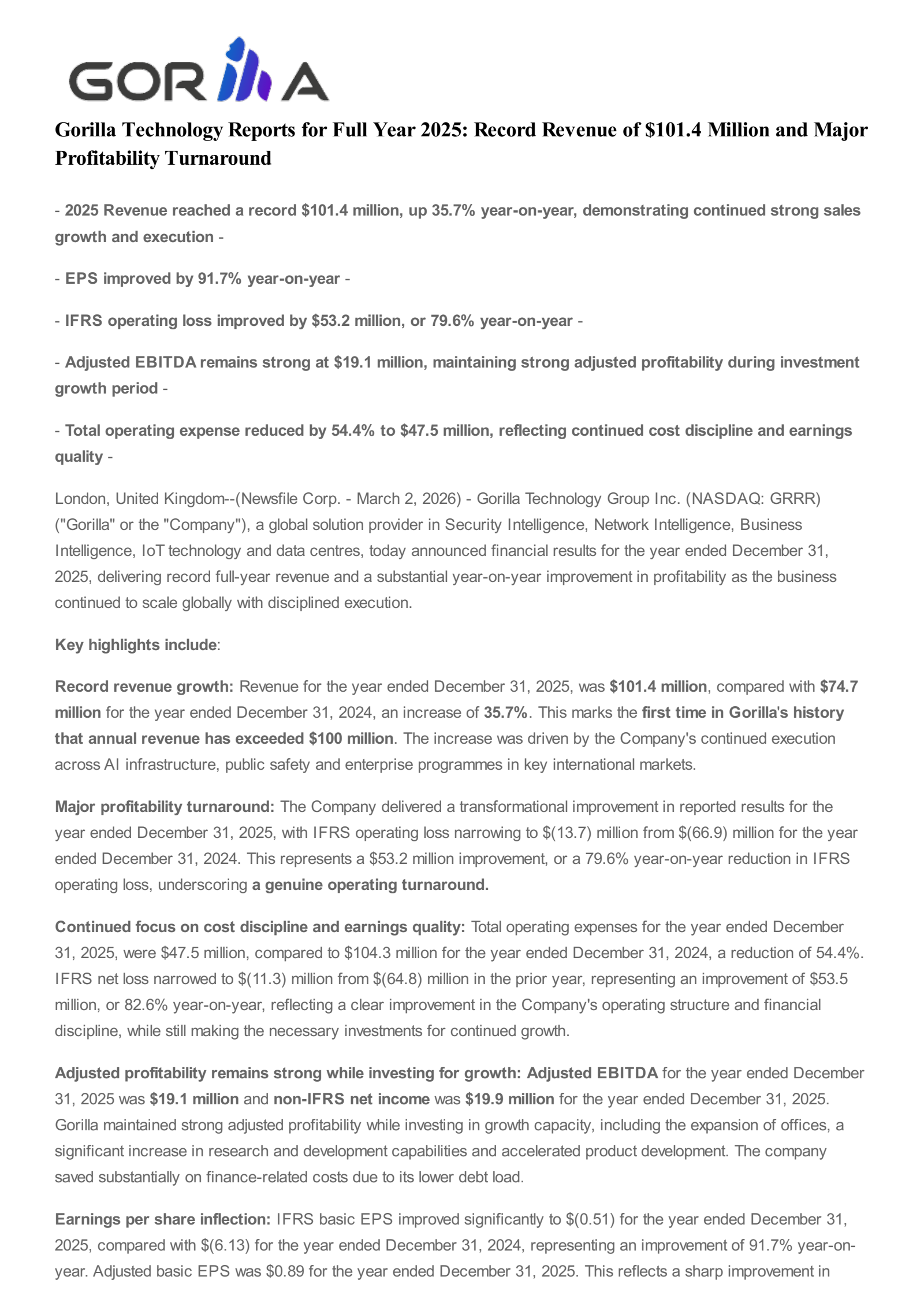 Gorilla Technology Group's H2 2025 Press Release