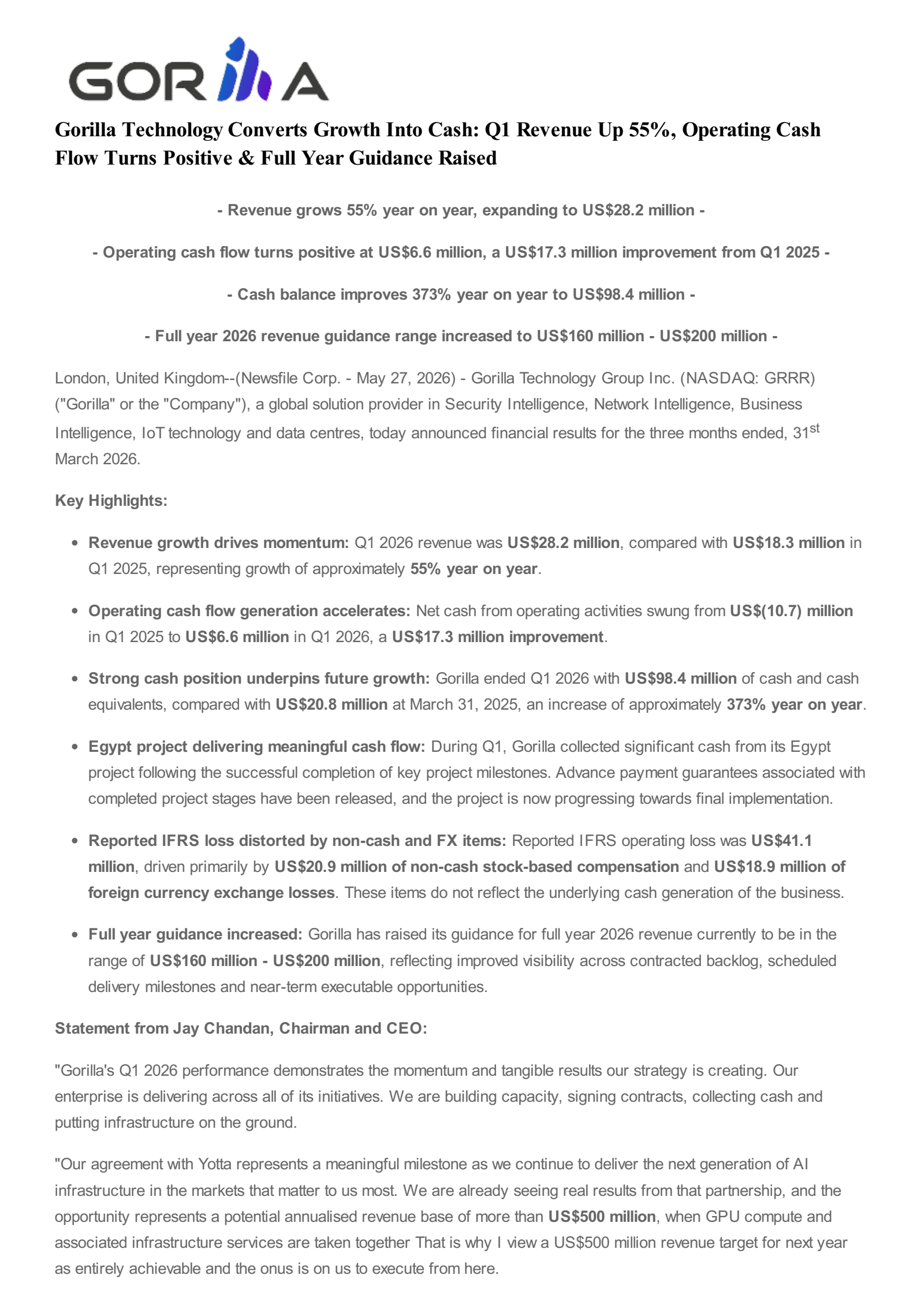Gorilla Technology Group's Q1 2026 Press Release