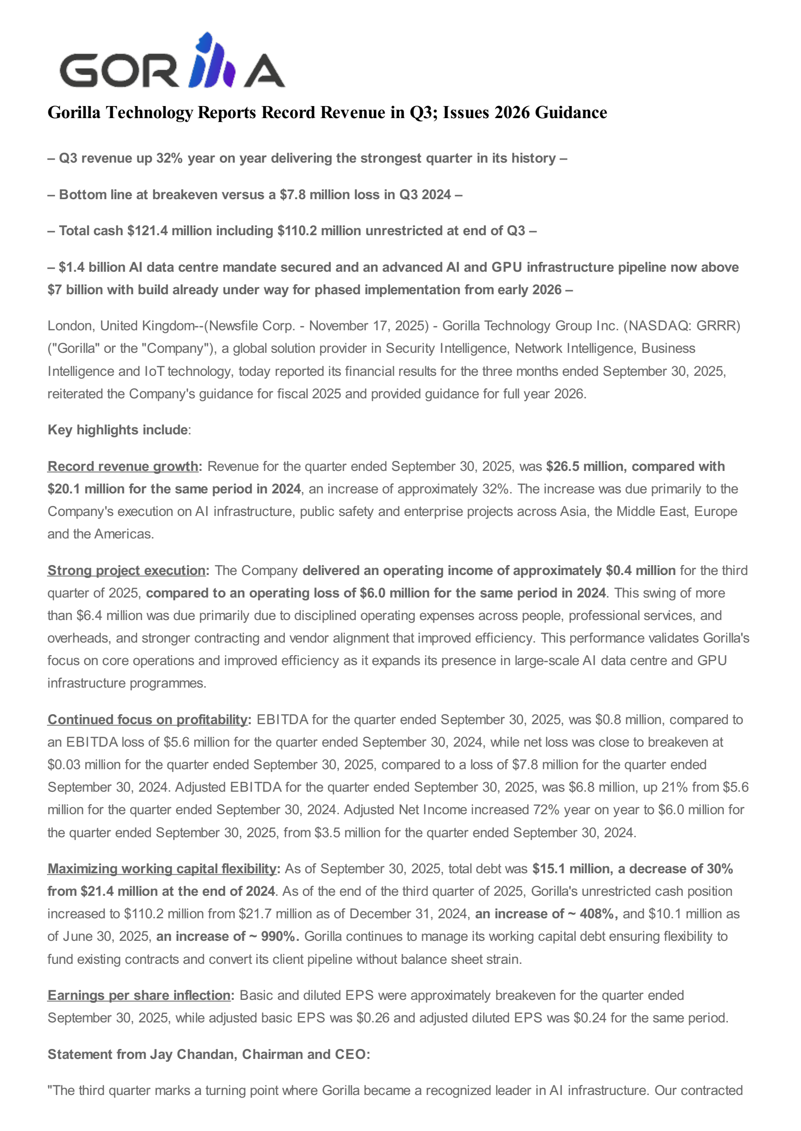 Gorilla Technology Group's Q3 2025 Earnings Release