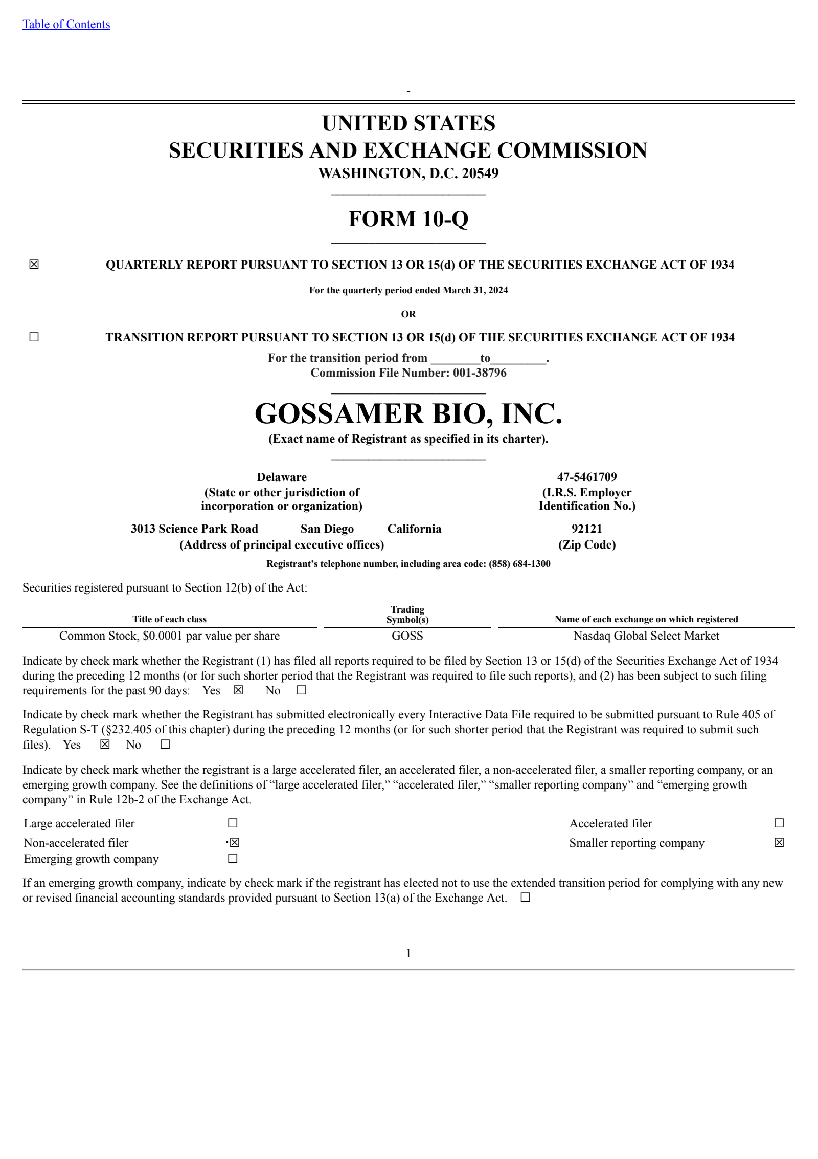 Gossamer Bio's Q1 2024 Quarterly Report