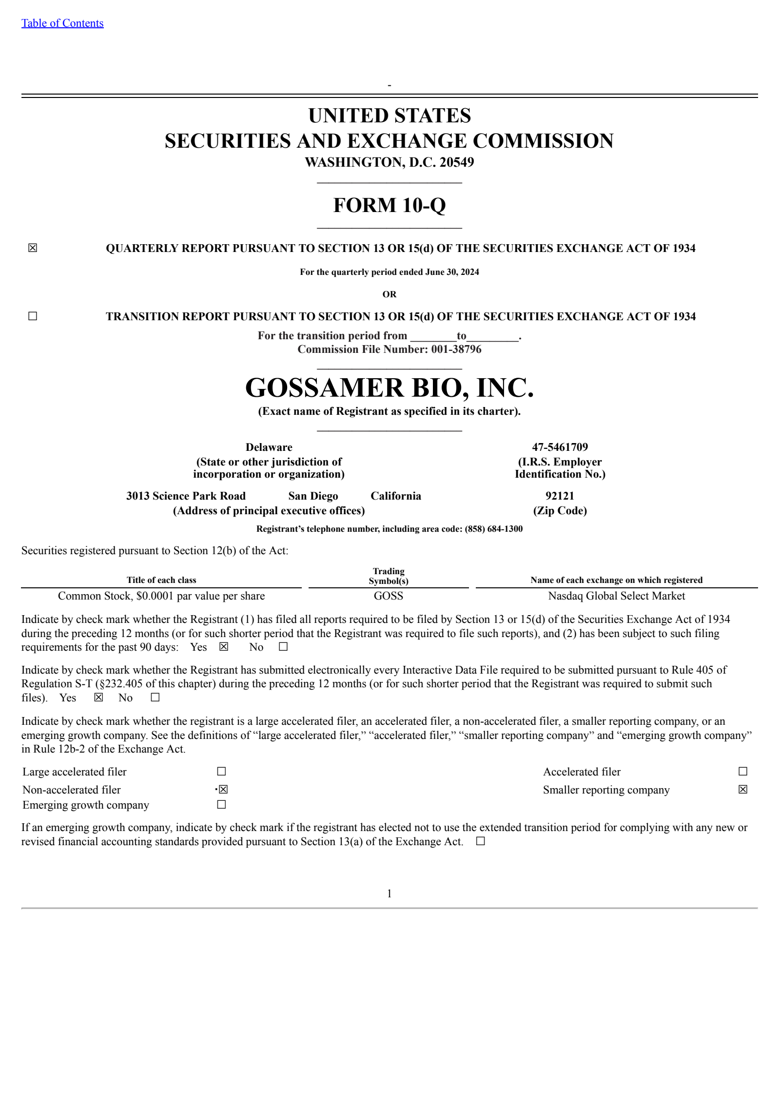 Gossamer Bio's Q2 2024 Quarterly Report