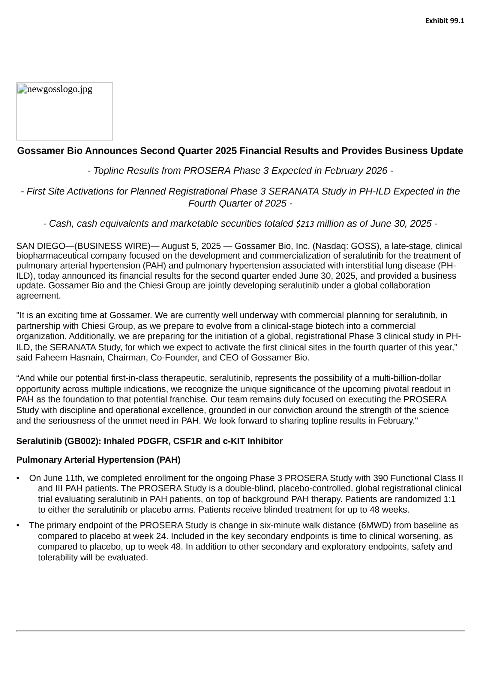 Gossamer Bio's Q2 2025 Press Release